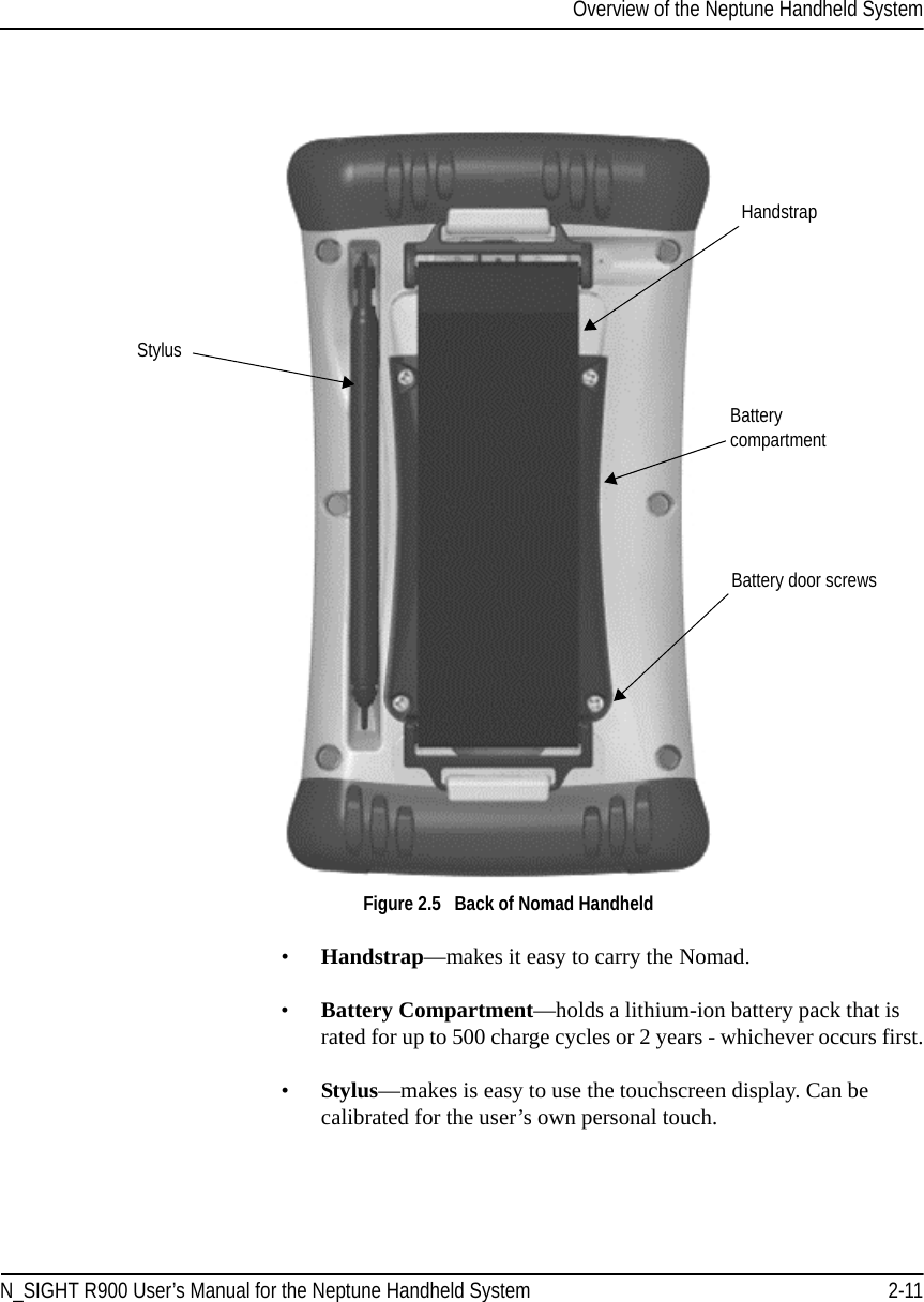 Overview of the Neptune Handheld SystemN_SIGHT R900 User’s Manual for the Neptune Handheld System 2-11Figure 2.5   Back of Nomad Handheld•Handstrap—makes it easy to carry the Nomad.•Battery Compartment—holds a lithium-ion battery pack that is rated for up to 500 charge cycles or 2 years - whichever occurs first.•Stylus—makes is easy to use the touchscreen display. Can be calibrated for the user’s own personal touch. HandstrapStylusBattery door screwsBattery  compartment