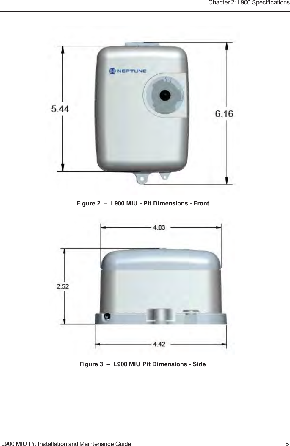 Figure 2 – L900 MIU - Pit Dimensions - FrontFigure 3 – L900 MIU Pit Dimensions - SideL900 MIU Pit Installation and Maintenance Guide 5Chapter 2: L900 Specifications