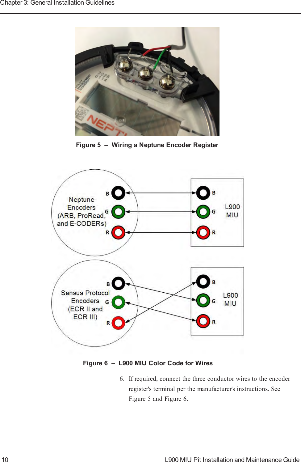 Figure 5 – Wiring a Neptune Encoder RegisterFigure 6 – L900 MIU Color Code for Wires6. If required, connect the three conductor wires to the encoderregister&apos;s terminal per the manufacturer&apos;s instructions. SeeFigure 5 and Figure 6.10 L900 MIU Pit Installation and Maintenance GuideChapter 3: General Installation Guidelines