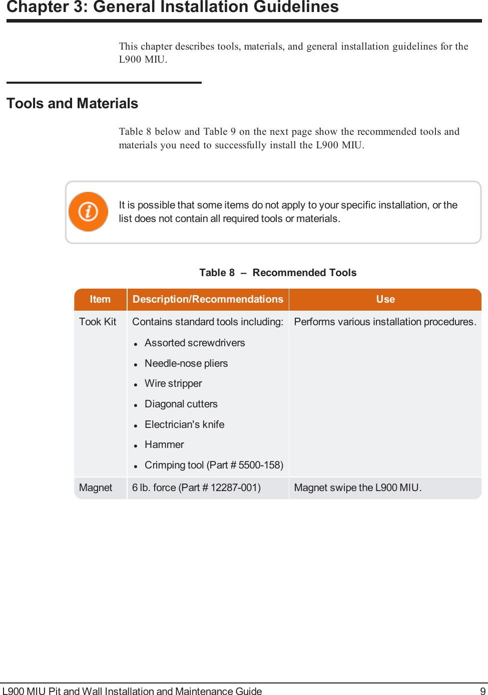 L900 MIU Pit and Wall Installation and Maintenance Guide 9Chapter 3: General Installation GuidelinesThis chapter describes tools, materials, and general installation guidelines for theL900 MIU.Tools and MaterialsTable 8 below and Table 9 on the next page show the recommended tools andmaterials you need to successfully install the L900 MIU.It is possible that some items do not apply to your specific installation, or thelist does not contain all required tools or materials.Item Description/Recommendations UseTook Kit Contains standard tools including:lAssorted screwdriverslNeedle-nose plierslWire stripperlDiagonal cutterslElectrician&apos;s knifelHammerlCrimping tool (Part # 5500-158)Performs various installation procedures.Magnet 6 lb. force (Part # 12287-001) Magnet swipe the L900 MIU.Table 8 – Recommended Tools