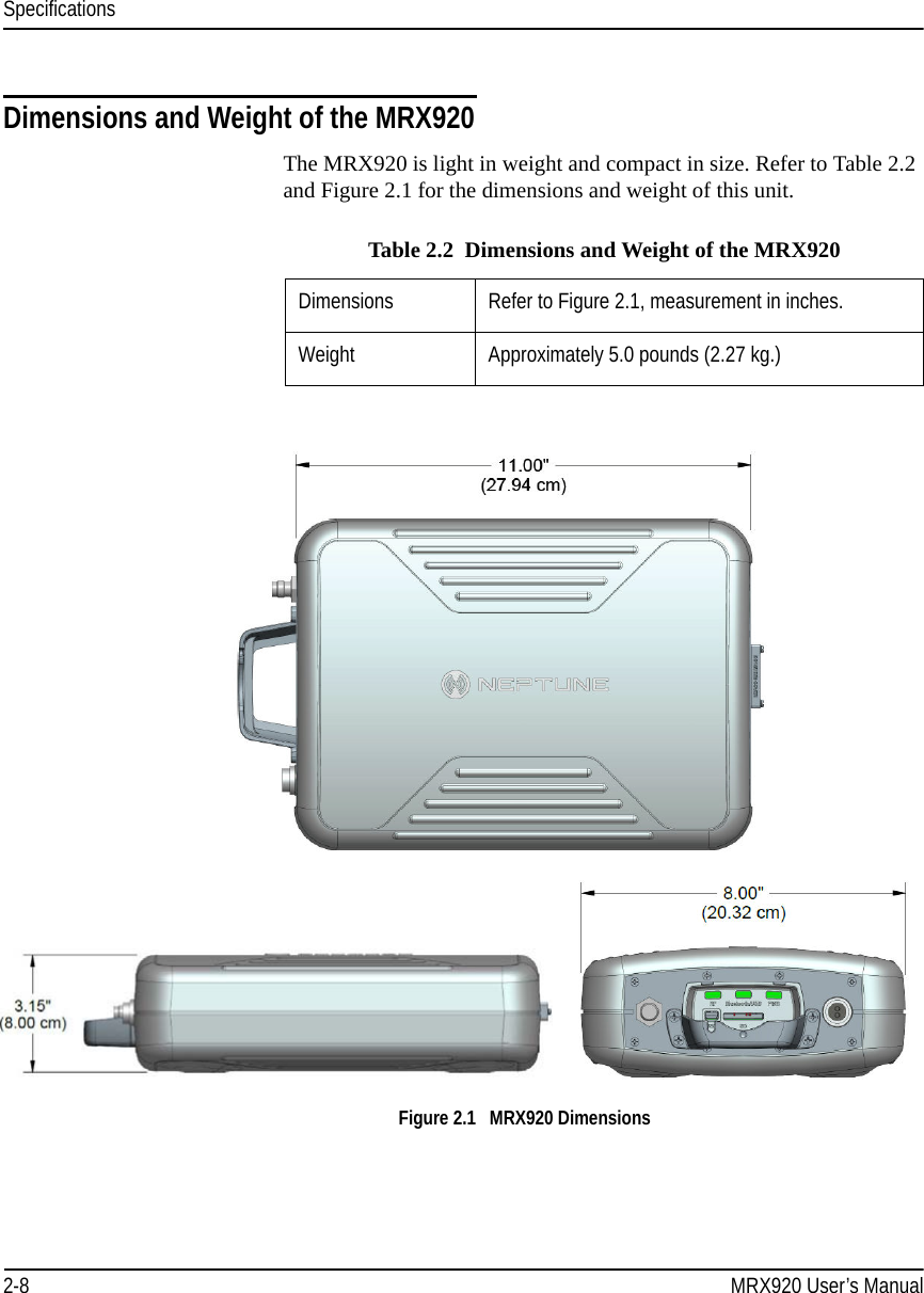 Specifications2-8 MRX920 User’s ManualDimensions and Weight of the MRX920The MRX920 is light in weight and compact in size. Refer to Table 2.2 and Figure 2.1 for the dimensions and weight of this unit.Figure 2.1   MRX920 Dimensions Table 2.2  Dimensions and Weight of the MRX920Dimensions Refer to Figure 2.1, measurement in inches.Weight Approximately 5.0 pounds (2.27 kg.) 