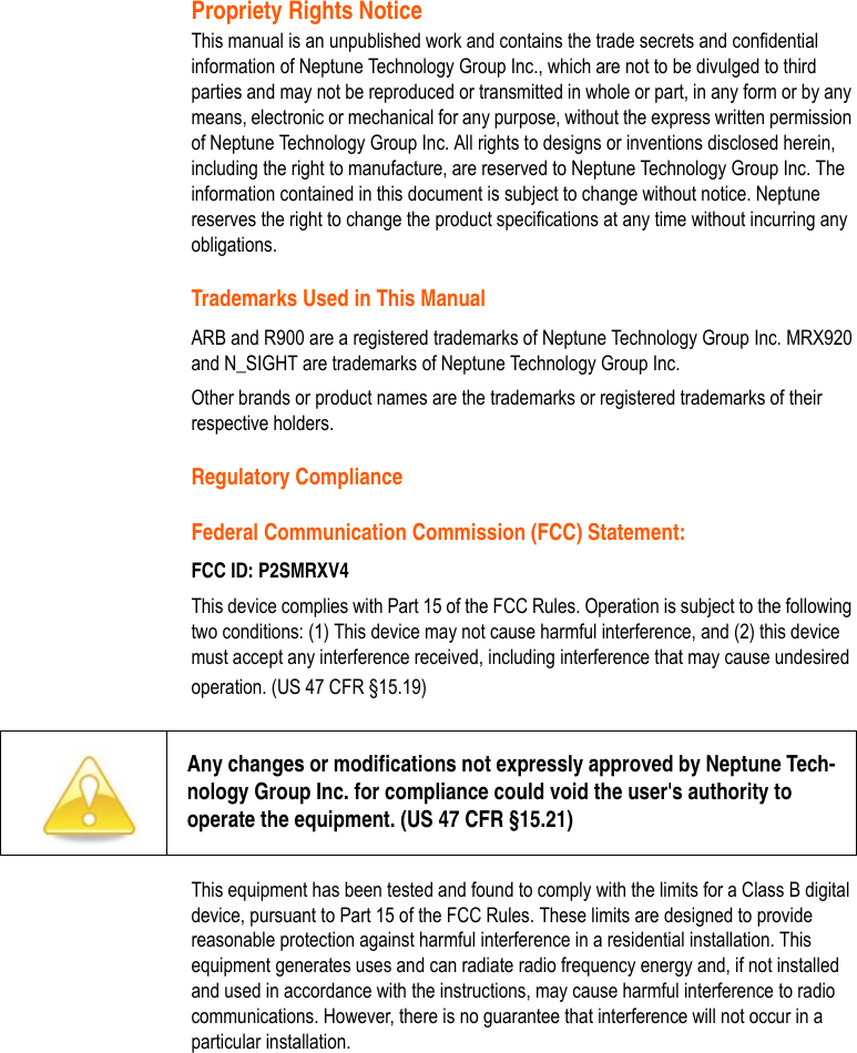 Page 4 of Neptune Technology Group MRXV4 mobile wireless data collection device User Manual MRX920 UM