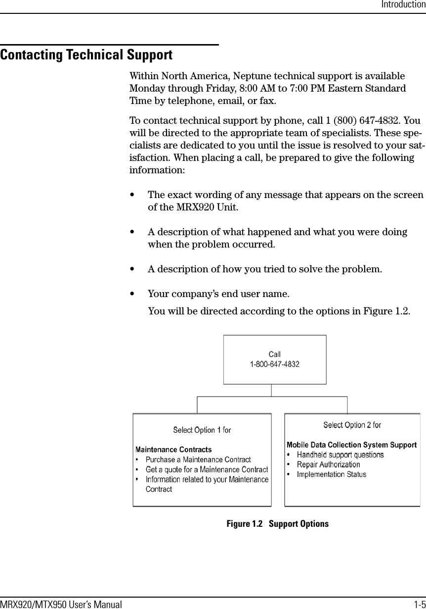 IntroductionMRX920/MTX950 User’s Manual 1-5Contacting Technical SupportWithin North America, Neptune technical support is available Monday through Friday, 8:00 AM to 7:00 PM Eastern Standard Time by telephone, email, or fax. To contact technical support by phone, call 1 (800) 647-4832. You will be directed to the appropriate team of specialists. These spe-cialists are dedicated to you until the issue is resolved to your sat-isfaction. When placing a call, be prepared to give the following information:• The exact wording of any message that appears on the screen of the MRX920 Unit.• A description of what happened and what you were doing when the problem occurred.• A description of how you tried to solve the problem.• Your company’s end user name.You will be directed according to the options in Figure 1.2. Figure 1.2   Support Options