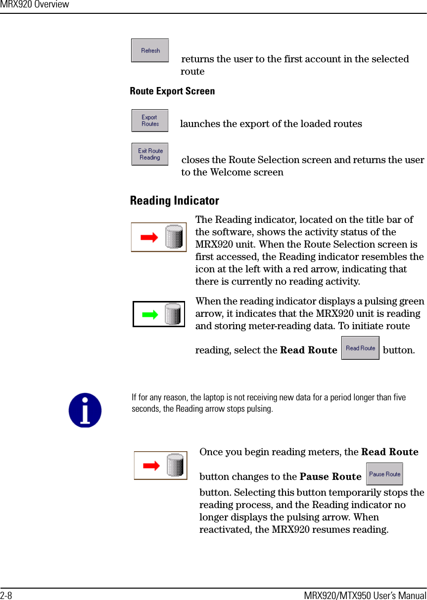 MRX920 Overview2-8 MRX920/MTX950 User’s Manualreturns the user to the first account in the selected routeRoute Export Screenlaunches the export of the loaded routescloses the Route Selection screen and returns the user to the Welcome screenReading Indicator The Reading indicator, located on the title bar of the software, shows the activity status of the MRX920 unit. When the Route Selection screen is first accessed, the Reading indicator resembles the icon at the left with a red arrow, indicating that there is currently no reading activity.When the reading indicator displays a pulsing green arrow, it indicates that the MRX920 unit is reading and storing meter-reading data. To initiate route reading, select the Read Route  button. Once you begin reading meters, the Read Route button changes to the Pause Route  button. Selecting this button temporarily stops the reading process, and the Reading indicator no longer displays the pulsing arrow. When reactivated, the MRX920 resumes reading.If for any reason, the laptop is not receiving new data for a period longer than five seconds, the Reading arrow stops pulsing.