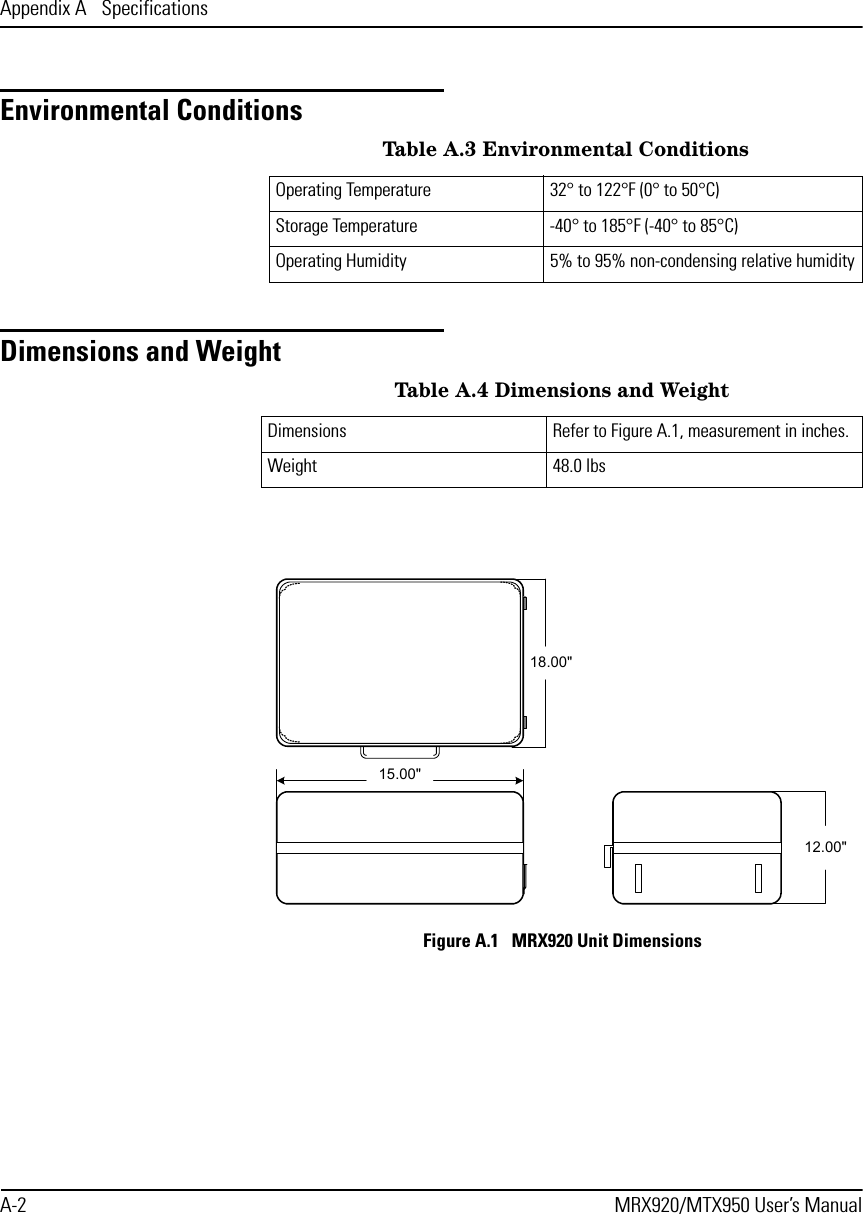 Appendix A  SpecificationsA-2 MRX920/MTX950 User’s ManualEnvironmental ConditionsDimensions and WeightFigure A.1   MRX920 Unit Dimensions Table A.3 Environmental ConditionsOperating Temperature 32° to 122°F (0° to 50°C)Storage Temperature -40° to 185°F (-40° to 85°C)Operating Humidity 5% to 95% non-condensing relative humidityTable A.4 Dimensions and WeightDimensions Refer to Figure A.1, measurement in inches.Weight 48.0 lbs18.00&quot;15.00&quot;12.00&quot;