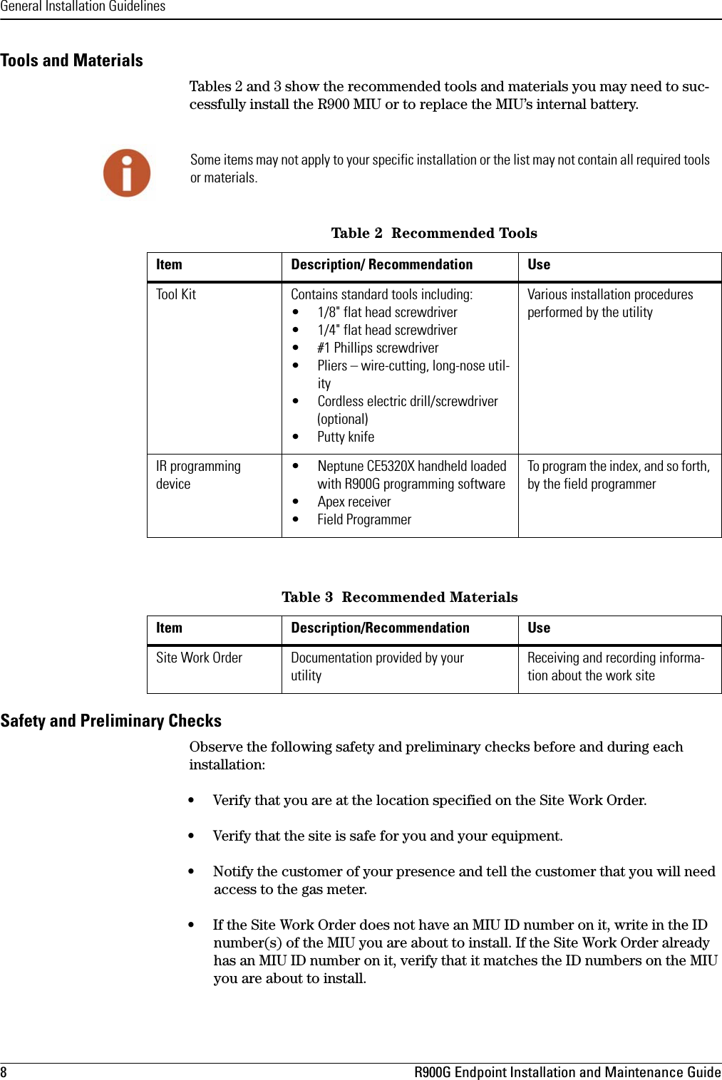 General Installation Guidelines8 R900G Endpoint Installation and Maintenance GuideTools and MaterialsTables 2 and 3 show the recommended tools and materials you may need to suc-cessfully install the R900 MIU or to replace the MIU’s internal battery.     Safety and Preliminary ChecksObserve the following safety and preliminary checks before and during each installation:•     Verify that you are at the location specified on the Site Work Order.•     Verify that the site is safe for you and your equipment.•     Notify the customer of your presence and tell the customer that you will need access to the gas meter.•     If the Site Work Order does not have an MIU ID number on it, write in the ID number(s) of the MIU you are about to install. If the Site Work Order already has an MIU ID number on it, verify that it matches the ID numbers on the MIU you are about to install.Some items may not apply to your specific installation or the list may not contain all required tools or materials.Table 2  Recommended ToolsItem Description/ Recommendation UseTool Kit Contains standard tools including:• 1/8&quot; flat head screwdriver• 1/4&quot; flat head screwdriver• #1 Phillips screwdriver• Pliers – wire-cutting, long-nose util-ity• Cordless electric drill/screwdriver (optional)• Putty knifeVarious installation procedures performed by the utilityIR programming device• Neptune CE5320X handheld loaded with R900G programming software• Apex receiver• Field ProgrammerTo program the index, and so forth, by the field programmerTable 3  Recommended MaterialsItem Description/Recommendation UseSite Work Order Documentation provided by your utilityReceiving and recording informa-tion about the work site