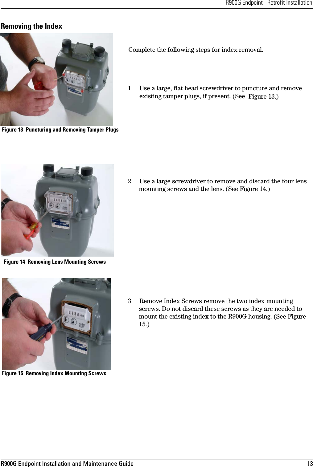 R900G Endpoint - Retrofit InstallationR900G Endpoint Installation and Maintenance Guide  13 Removing the IndexComplete the following steps for index removal.1 Use a large, flat head screwdriver to puncture and remove existing tamper plugs, if present. (See  Figure 13.) Figure 13  Puncturing and Removing Tamper Plugs2 Use a large screwdriver to remove and discard the four lens mounting screws and the lens. (See Figure 14.) Figure 14  Removing Lens Mounting Screws3Remove Index Screws remove the two index mounting screws. Do not discard these screws as they are needed to mount the existing index to the R900G housing. (See Figure 15.) Figure 15  Removing Index Mounting Screws