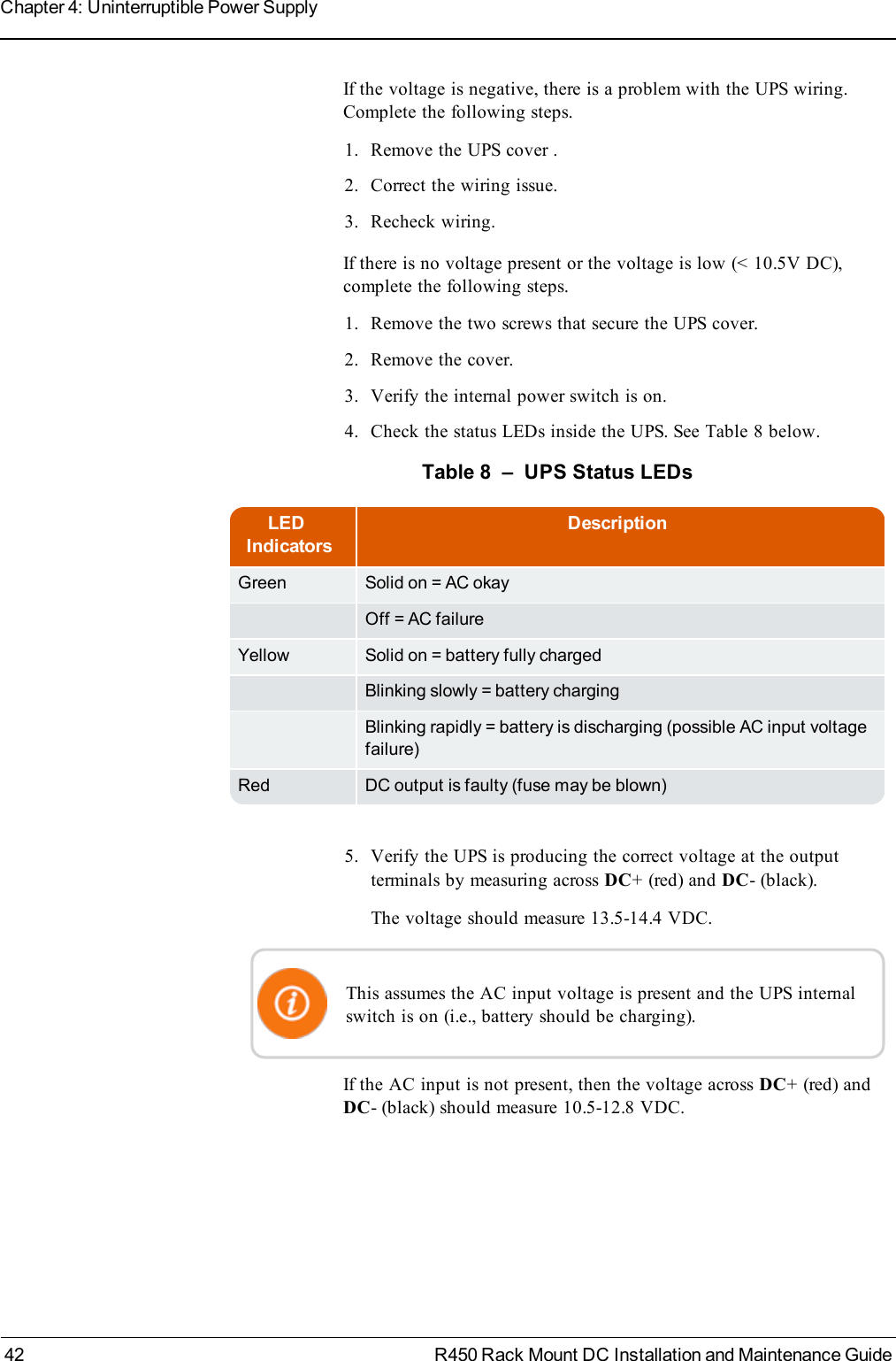 If the voltage is negative, there is a problem with the UPS wiring.Complete the following steps.1. Remove the UPS cover .2. Correct the wiring issue.3. Recheck wiring.If there is no voltage present or the voltage is low (&lt; 10.5V DC),complete the following steps.1. Remove the two screws that secure the UPS cover.2. Remove the cover.3. Verify the internal power switch is on.4. Check the status LEDs inside the UPS. See Table 8 below.LEDIndicatorsDescriptionGreen Solid on = AC okayOff = AC failureYellow Solid on = battery fully chargedBlinking slowly = battery chargingBlinking rapidly = battery is discharging (possible AC input voltagefailure)Red DCoutput is faulty (fuse may be blown)Table 8 – UPS Status LEDs5. Verify the UPS is producing the correct voltage at the outputterminals by measuring across DC+ (red) and DC- (black).The voltage should measure 13.5-14.4 VDC.This assumes the AC input voltage is present and the UPS internalswitch is on (i.e., battery should be charging).If the AC input is not present, then the voltage across DC+ (red) andDC- (black) should measure 10.5-12.8 VDC.42 R450 Rack Mount DC Installation and Maintenance GuideChapter 4: Uninterruptible Power Supply