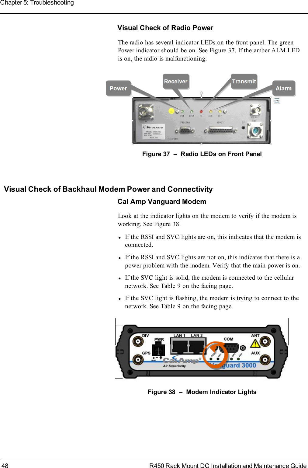 Visual Check of Radio PowerThe radio has several indicator LEDs on the front panel. The greenPower indicator should be on. See Figure 37. If the amber ALM LEDis on, the radio is malfunctioning.Figure 37 – Radio LEDs on Front PanelVisual Check of Backhaul Modem Power and ConnectivityCal Amp Vanguard ModemLook at the indicator lights on the modem to verify if the modem isworking. See Figure 38.lIf the RSSI and SVC lights are on, this indicates that the modem isconnected.lIf the RSSI and SVC lights are not on, this indicates that there is apower problem with the modem. Verify that the main power is on.lIf the SVC light is solid, the modem is connected to the cellularnetwork. See Table 9 on the facing page.lIf the SVC light is flashing, the modem is trying to connect to thenetwork. See Table 9 on the facing page.Figure 38 – Modem Indicator Lights48 R450 Rack Mount DC Installation and Maintenance GuideChapter 5: Troubleshooting