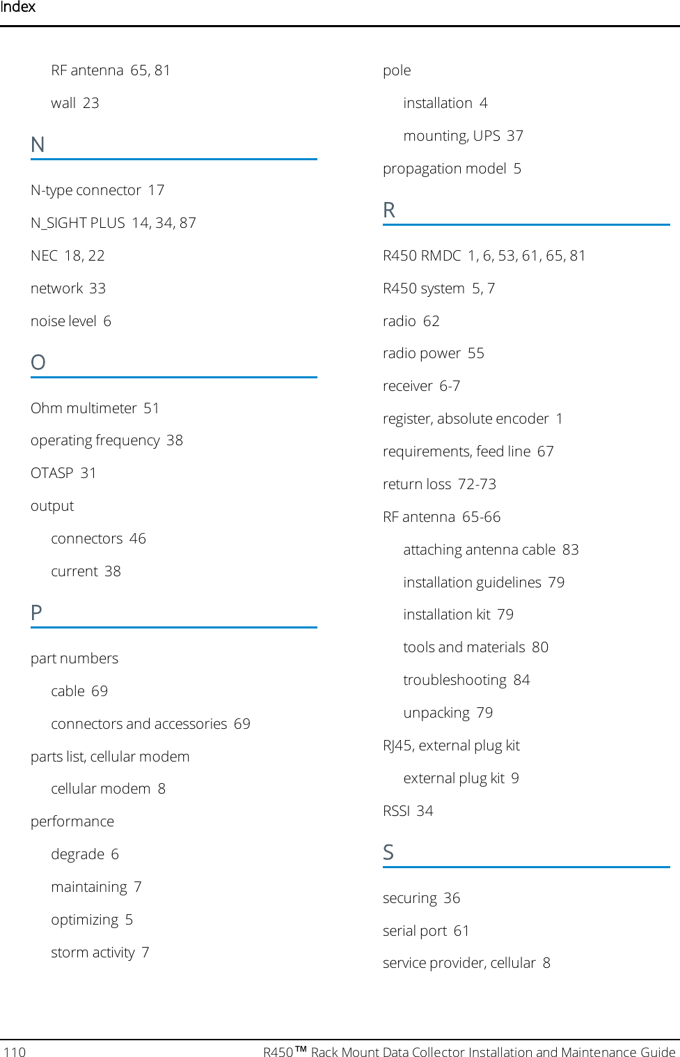 IndexRF antenna 65, 81wall 23NN-type connector 17N_SIGHT PLUS 14, 34, 87NEC 18, 22network 33noise level 6OOhm multimeter 51operating frequency 38OTASP 31outputconnectors 46current 38Ppart numberscable 69connectors and accessories 69parts list, cellular modemcellular modem 8performancedegrade 6maintaining 7optimizing 5storm activity 7poleinstallation 4mounting, UPS 37propagation model 5RR450 RMDC 1, 6, 53, 61, 65, 81R450 system 5, 7radio 62radio power 55receiver 6-7register, absolute encoder 1requirements, feed line 67return loss 72-73RF antenna 65-66attaching antenna cable 83installation guidelines 79installation kit 79tools and materials 80troubleshooting 84unpacking 79RJ45, external plug kitexternal plug kit 9RSSI 34Ssecuring 36serial port 61service provider, cellular 8110 R450™Rack Mount Data Collector Installation and Maintenance Guide