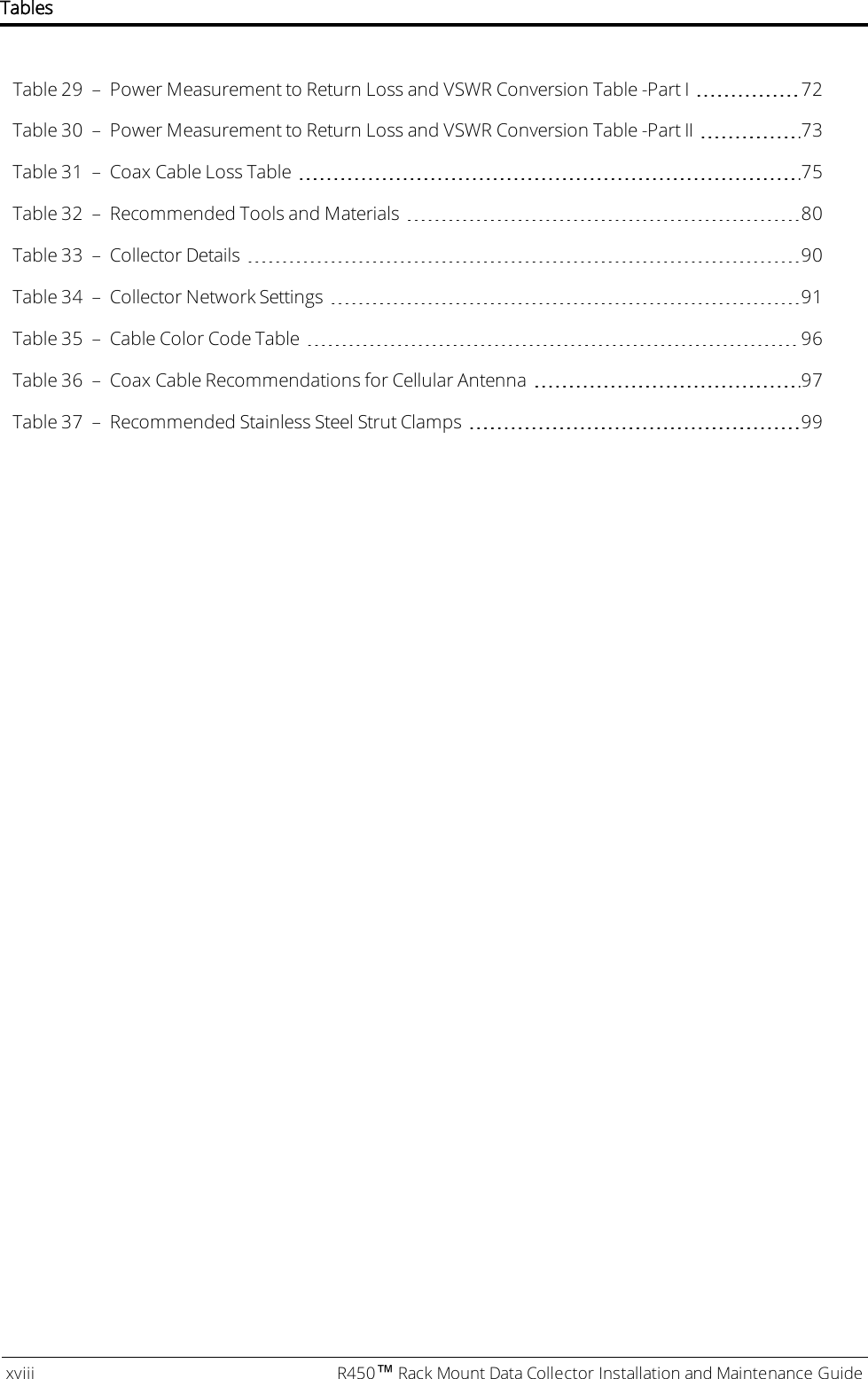 Table 29 – Power Measurement to Return Loss and VSWR Conversion Table -Part I 72Table 30 – Power Measurement to Return Loss and VSWR Conversion Table -Part II 73Table 31 – Coax Cable Loss Table 75Table 32 – Recommended Tools and Materials 80Table 33 – Collector Details 90Table 34 – Collector Network Settings 91Table 35 – Cable Color Code Table 96Table 36 – Coax Cable Recommendations for Cellular Antenna 97Table 37 – Recommended Stainless Steel Strut Clamps 99xviii R450™Rack Mount Data Collector Installation and Maintenance GuideTables