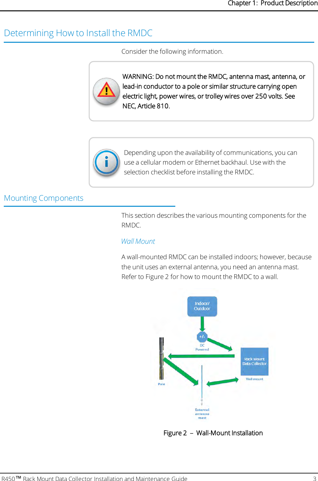 Determining How to Install the RMDCConsider the following information.WARNING: Do not mount the RMDC, antenna mast, antenna, orlead-in conductor to a pole or similar structure carrying openelectric light, power wires, or trolley wires over 250 volts. SeeNEC, Article 810.Depending upon the availability of communications, you canuse a cellular modem or Ethernet backhaul. Use with theselection checklist before installing the RMDC.Mounting ComponentsThis section describes the various mounting components for theRMDC.Wall MountA wall-mounted RMDC can be installed indoors; however, becausethe unit uses an external antenna, you need an antenna mast.Refer to Figure 2 for how to mount the RMDC to a wall.Figure 2 – Wall-Mount InstallationR450™Rack Mount Data Collector Installation and Maintenance Guide 3Chapter 1: Product Description