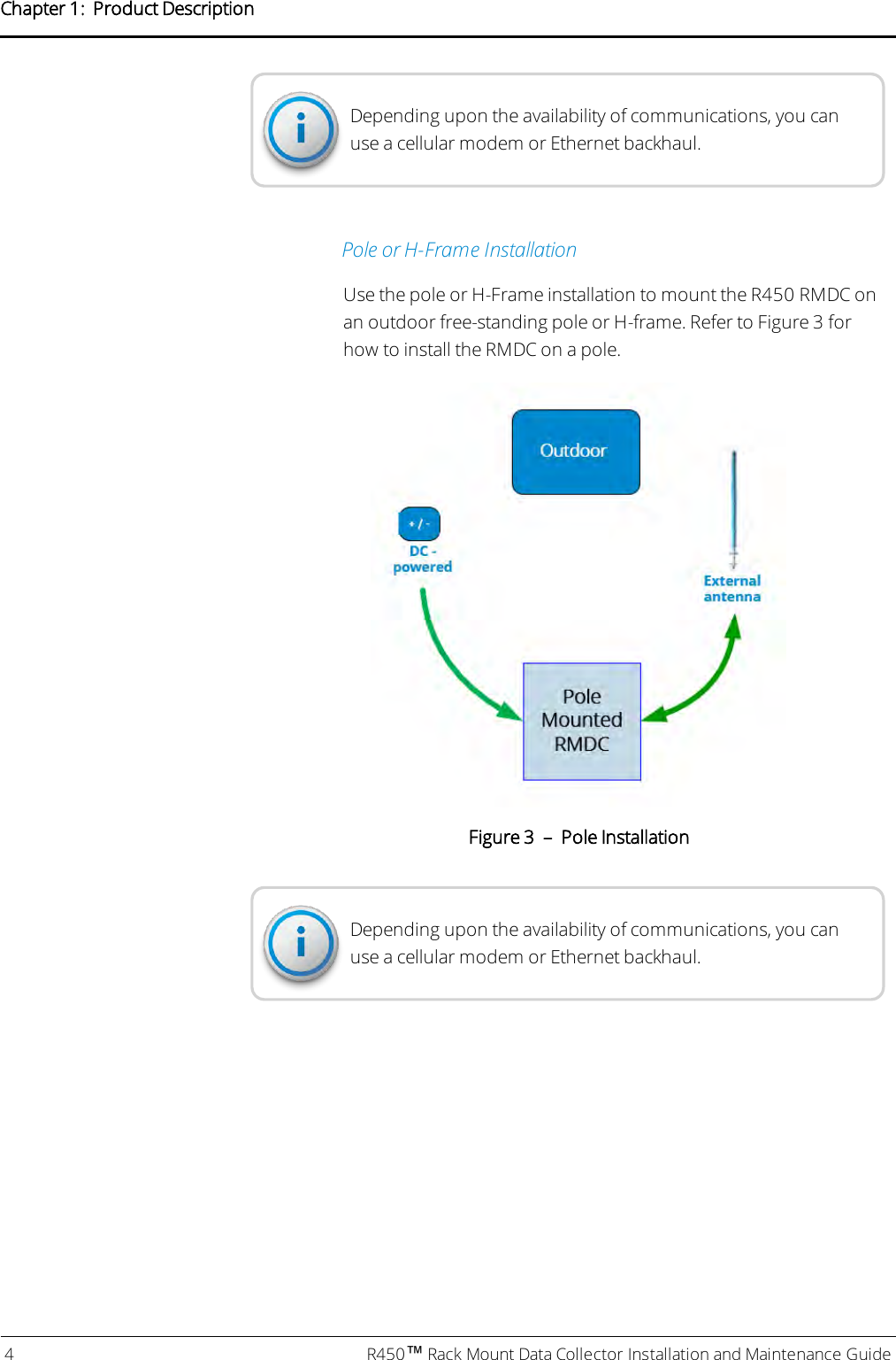 Depending upon the availability of communications, you canuse a cellular modem or Ethernet backhaul.Poleor H-Frame InstallationUse the pole or H-Frame installation to mount the R450 RMDC onan outdoor free-standing pole or H-frame. Refer to Figure 3 forhow to install the RMDC on a pole.Figure 3 – Pole InstallationDepending upon the availability of communications, you canuse a cellular modem or Ethernet backhaul.4 R450™Rack Mount Data Collector Installation and Maintenance GuideChapter 1: Product Description