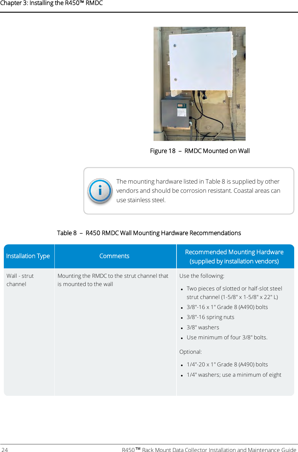 Figure 18 – RMDC Mounted on WallThe mounting hardware listed in Table 8 is supplied by othervendors and should be corrosion resistant. Coastal areas canuse stainless steel.Installation Type Comments Recommended Mounting Hardware(supplied by installation vendors)Wall - strutchannelMounting the RMDC to the strut channel thatis mounted to the wallUse the following:lTwo pieces of slotted or half-slot steelstrut channel (1-5/8&quot; x 1-5/8&quot; x 22&quot; L)l3/8&quot;-16 x 1&quot; Grade 8 (A490) boltsl3/8&quot;-16 spring nutsl3/8&quot; washerslUse minimum of four 3/8&quot; bolts.Optional:l1/4&quot;-20 x 1&quot; Grade 8 (A490) boltsl1/4&quot; washers; use a minimum of eightTable 8 – R450 RMDC Wall Mounting Hardware Recommendations24 R450™Rack Mount Data Collector Installation and Maintenance GuideChapter 3: Installing theR450™RMDC