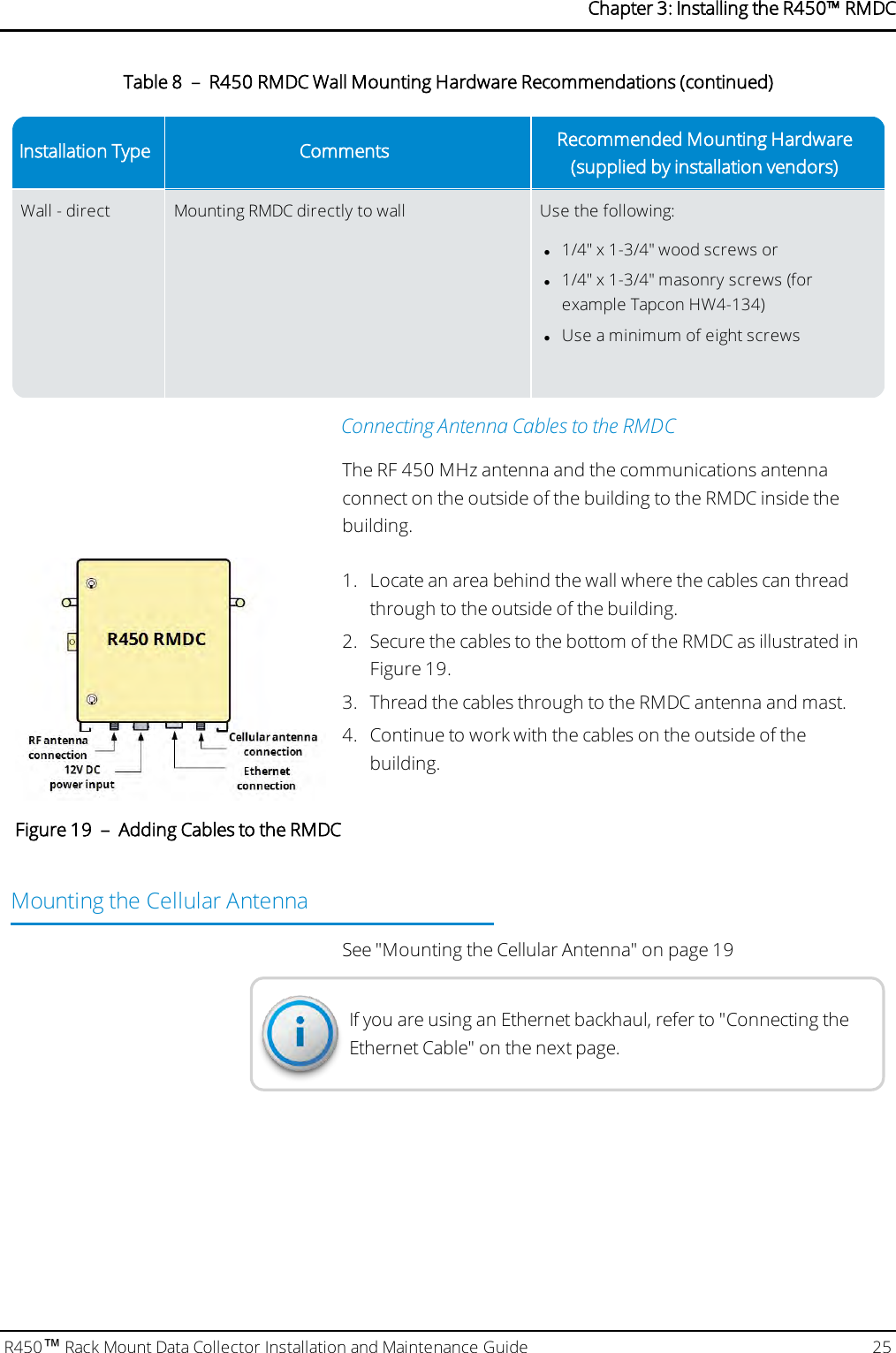 Installation Type Comments Recommended Mounting Hardware(supplied by installation vendors)Wall - direct Mounting RMDC directly to wall Use the following:l1/4&quot; x 1-3/4&quot; wood screws orl1/4&quot; x 1-3/4&quot; masonry screws(forexample Tapcon HW4-134)lUse a minimum of eight screwsTable 8 – R450 RMDC Wall Mounting Hardware Recommendations (continued)Connecting Antenna Cables to the RMDCThe RF 450 MHz antenna and the communications antennaconnect on the outside of the building to the RMDC inside thebuilding.1. Locate an area behind the wall where the cables can threadthrough to the outside of the building.2. Secure the cables to the bottom of the RMDC as illustrated inFigure 19.3. Thread the cables through to the RMDC antenna and mast.4. Continue to work with the cables on the outside of thebuilding.Figure 19 – Adding Cables to the RMDCMounting the Cellular AntennaSee &quot;Mounting the Cellular Antenna&quot; on page19If you are using an Ethernet backhaul, refer to &quot;Connecting theEthernet Cable&quot; on the next page.R450™Rack Mount Data Collector Installation and Maintenance Guide 25Chapter 3: Installing theR450™RMDC