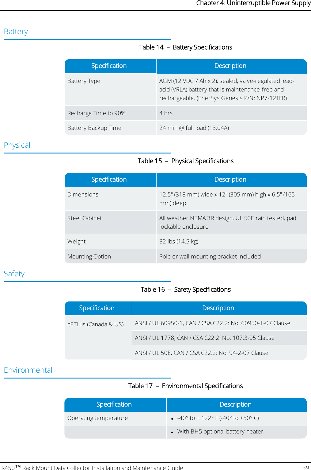 BatterySpecification DescriptionBattery Type AGM(12 VDC 7 Ah x 2), sealed, valve-regulated lead-acid (VRLA) battery that is maintenance-free andrechargeable. (EnerSys Genesis P/N: NP7-12TFR)Recharge Time to 90% 4 hrsBattery Backup Time 24 min @ full load (13.04A)Table 14 – Battery SpecificationsPhysicalSpecification DescriptionDimensions 12.5&quot; (318 mm) wide x 12&quot; (305 mm) high x 6.5&quot; (165mm) deepSteel Cabinet All weather NEMA 3R design, UL 50E rain tested, padlockable enclosureWeight 32 lbs (14.5 kg)Mounting Option Pole or wall mounting bracket includedTable 15 – Physical SpecificationsSafetySpecification DescriptioncETLus (Canada &amp; US) ANSI / UL 60950-1, CAN / CSA C22.2: No. 60950-1-07 ClauseANSI / UL 1778, CAN / CSA C22.2: No. 107.3-05 ClauseANSI / UL 50E, CAN / CSA C22.2: No. 94-2-07 ClauseTable 16 – Safety SpecificationsEnvironmentalSpecification DescriptionOperating temperature l-40° to + 122° F (-40° to +50° C)lWith BH5 optional battery heaterTable 17 – Environmental SpecificationsR450™Rack Mount Data Collector Installation and Maintenance Guide 39Chapter 4: Uninterruptible Power Supply