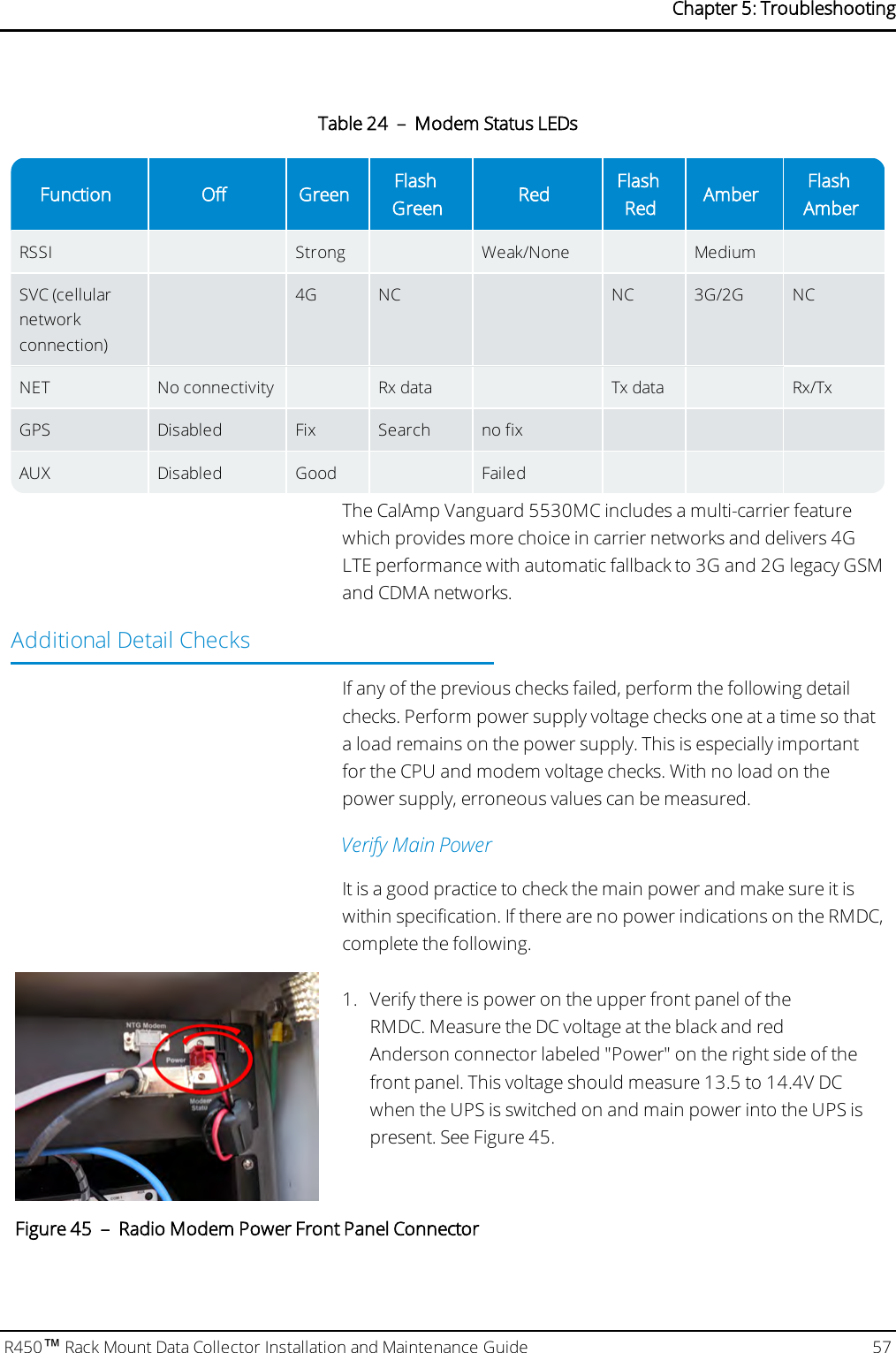 Function Off Green FlashGreen Red FlashRed Amber FlashAmberRSSI Strong Weak/None MediumSVC (cellularnetworkconnection)4G NC NC 3G/2G NCNET No connectivity Rx data Tx data Rx/TxGPS Disabled Fix Search no fixAUX Disabled Good FailedTable 24 – Modem Status LEDsThe CalAmp Vanguard 5530MC includes a multi-carrier featurewhich provides more choice in carrier networks and delivers 4GLTE performance with automatic fallback to 3G and 2G legacy GSMand CDMA networks.Additional Detail ChecksIf any of the previous checks failed, perform the following detailchecks. Perform power supply voltage checks one at a time so thata load remains on the power supply. This is especially importantfor the CPU and modem voltage checks. With no load on thepower supply, erroneous values can be measured.Verify Main PowerIt is a good practice to check the main power and make sure it iswithin specification. If there are no power indications on the RMDC,complete the following.1. Verify there is power on the upper front panel of theRMDC. Measure the DC voltage at the black and redAnderson connector labeled &quot;Power&quot; on the right side of thefront panel. This voltage should measure 13.5 to 14.4V DCwhen the UPS is switched on and main power into the UPS ispresent. See Figure 45.Figure 45 – Radio Modem Power Front Panel ConnectorR450™Rack Mount Data Collector Installation and Maintenance Guide 57Chapter 5: Troubleshooting