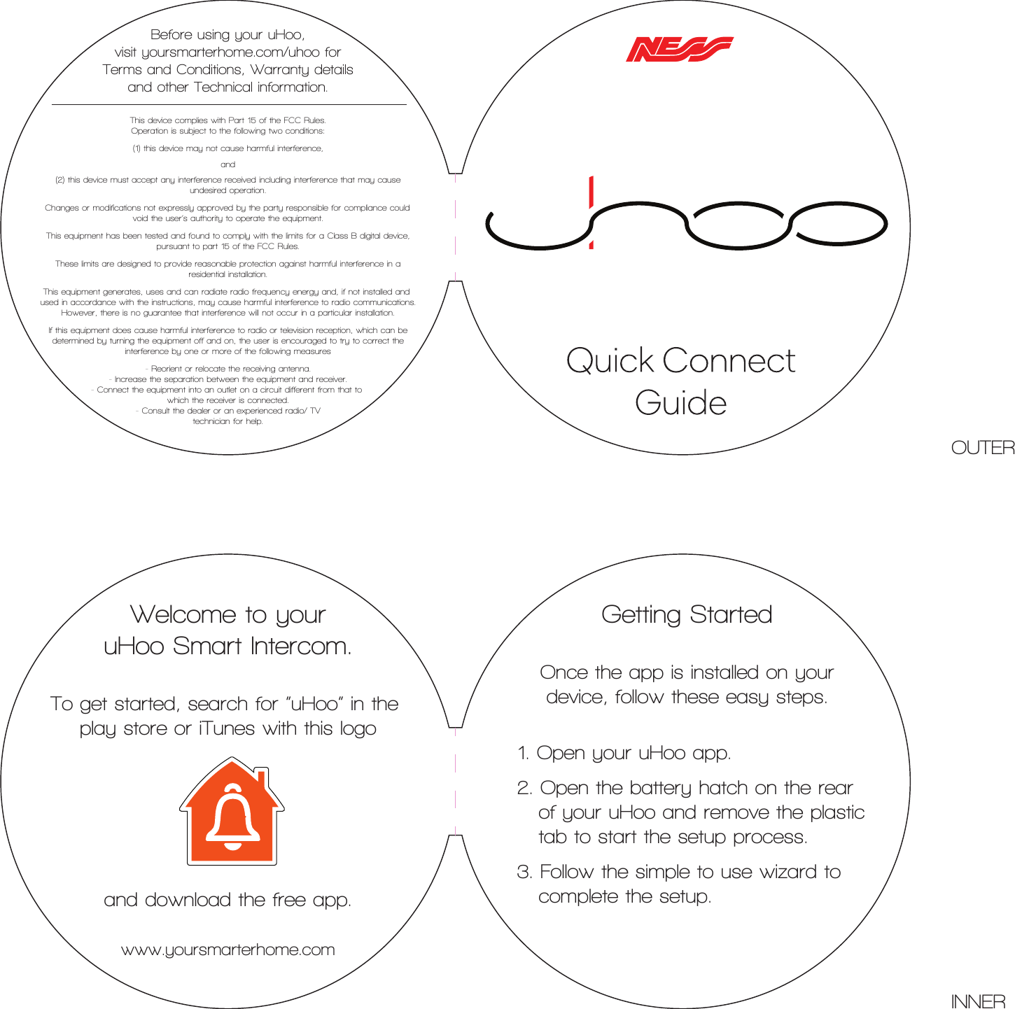 Welcome to youruHoo Smart Intercom.To get started, search for “uHoo” in the play store or iTunes with this logoand download the free app.www.yoursmarterhome.comBefore using your uHoo,visit yoursmarterhome.com/uhoo forTerms and Conditions, Warranty detailsand other Technical information.This device complies with Part 15 of the FCC Rules.Operation is subject to the following two conditions:(1) this device may not cause harmful interference,and(2) this device must accept any interference received including interference that may causeundesired operation. Changes or modifications not expressly approved by the party responsible for compliance could void the user’s authority to operate the equipment.This equipment has been tested and found to comply with the limits for a Class B digital device,pursuant to part 15 of the FCC Rules.These limits are designed to provide reasonable protection against harmful interference in aresidential installation.This equipment generates, uses and can radiate radio frequency energy and, if not installed and used in accordance with the instructions, may cause harmful interference to radio communications.However, there is no guarantee that interference will not occur in a particular installation.If this equipment does cause harmful interference to radio or television reception, which can bedetermined by turning the equipment off and on, the user is encouraged to try to correct theinterference by one or more of the following measures- Reorient or relocate the receiving antenna.- Increase the separation between the equipment and receiver.- Connect the equipment into an outlet on a circuit different from that to which the receiver is connected.- Consult the dealer or an experienced radio/ TVtechnician for help.Getting StartedOnce the app is installed on yourdevice, follow these easy steps.1. Open your uHoo app.2. Open the battery hatch on the rear    of your uHoo and remove the plastic    tab to start the setup process. 3. Follow the simple to use wizard to   complete the setup.OUTERINNER