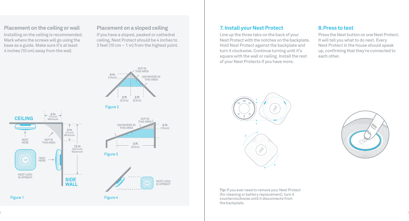 NOT INTHIS AREAANYWHERE INTHIS AREANOT INTHIS AREAANYWHERE INTHIS AREANEST LOGOIS UPRIGHT4 in(10cm)4 in(10cm)3 ft(0.9 m) 3 ft(0.9 m)3 ft(0.9 m)Figure 2Figure 3Figure 412 in(30.5 cm)MaximumBESTHERE4 in(10 cm)Minimum4 in(10 cm)MinimumNOT INTHIS AREACEILINGSIDEWALLOKAYHERENEST LOGOIS UPRIGHTFigure 111221110Placement on the ceiling or wallInstalling on the ceiling is recommended. Mark where the screws will go using the base as a guide. Make sure it’s at least 4 inches (10 cm) away from the wall.Placement on a sloped ceilingIf you have a sloped, peaked or cathedral ceiling, Nest Protect should be 4 inches to 3 feet (10 cm – 1 m) from the highest point.7. Install your Nest ProtectLine up the three tabs on the back of your Nest Protect with the notches on the backplate. Hold Nest Protect against the backplate and turn it clockwise. Continue turning until it’s square with the wall or ceiling. Install the rest of your Nest Protects if you have more.Tip: If you ever need to remove your Nest Protect (for cleaning or battery replacement), turn it counterclockwise until it disconnects from  the backplate.8. Press to testPress the Nest button on one Nest Protect.  It will tell you what to do next. Every  Nest Protect in the house should speak  up, conﬁrming that they’re connected to  each other. 