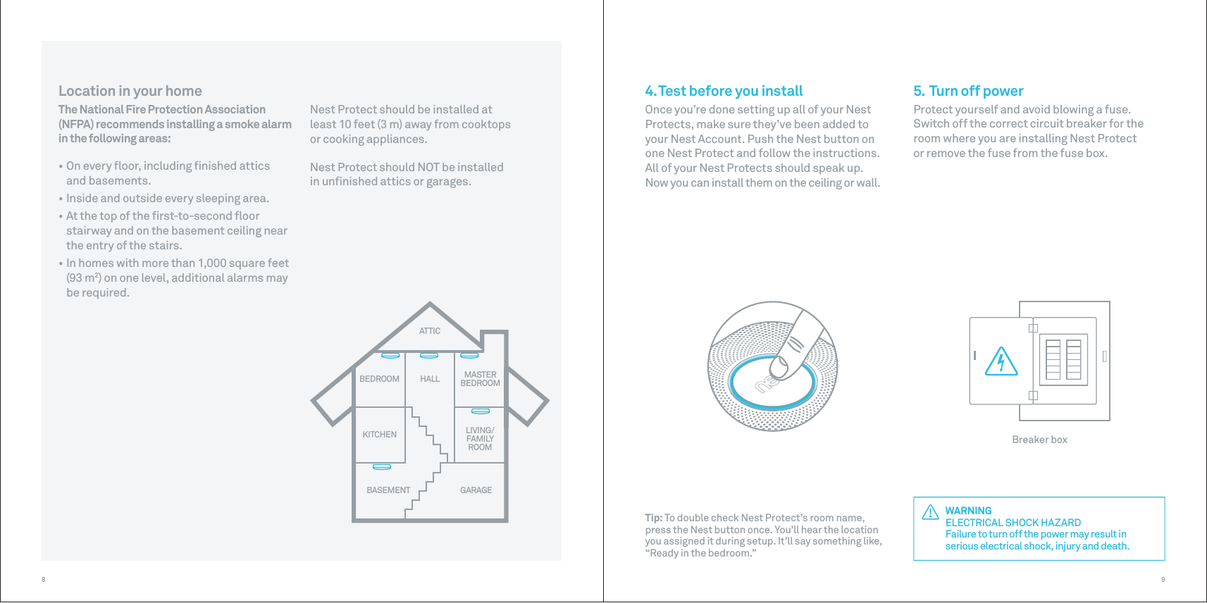 Breaker boxBEDROOM MASTERBEDROOMLIVING/FAMILYROOMKITCHENGARAGEBASEMENTHALLATTIC985.  Turn off powerProtect yourself and avoid blowing a fuse. Switch off the correct circuit breaker for the room where you are installing Nest Protect or remove the fuse from the fuse box.WARNINGELECTRICAL SHOCK HAZARDFailure to turn off the power may result in serious electrical shock, injury and death.Tip: To double check Nest Protect’s room name, press the Nest button once. You’ll hear the location you assigned it during setup. It’ll say something like, “Ready in the bedroom.”Location in your homeThe National Fire Protection Association (NFPA) recommends installing a smoke alarm in the following areas:• On every ﬂoor, including ﬁnished atticsand basements. • Inside and outside every sleeping area.• At the top of the ﬁrst-to-second ﬂoor stairway and on the basement ceiling nearthe entry of the stairs.• In homes with more than 1,000 square feet(93 m2) on one level, additional alarms maybe required.Nest Protect should be installed at least 10 feet (3 m) away from cooktops or cooking appliances.Nest Protect should NOT be installed in unﬁnished attics or garages.4. Test before you installOnce you’re done setting up all of your Nest Protects, make sure they’ve been added to your Nest Account. Push the Nest button on one Nest Protect and follow the instructions. All of your Nest Protects should speak up. Now you can install them on the ceiling or wall.