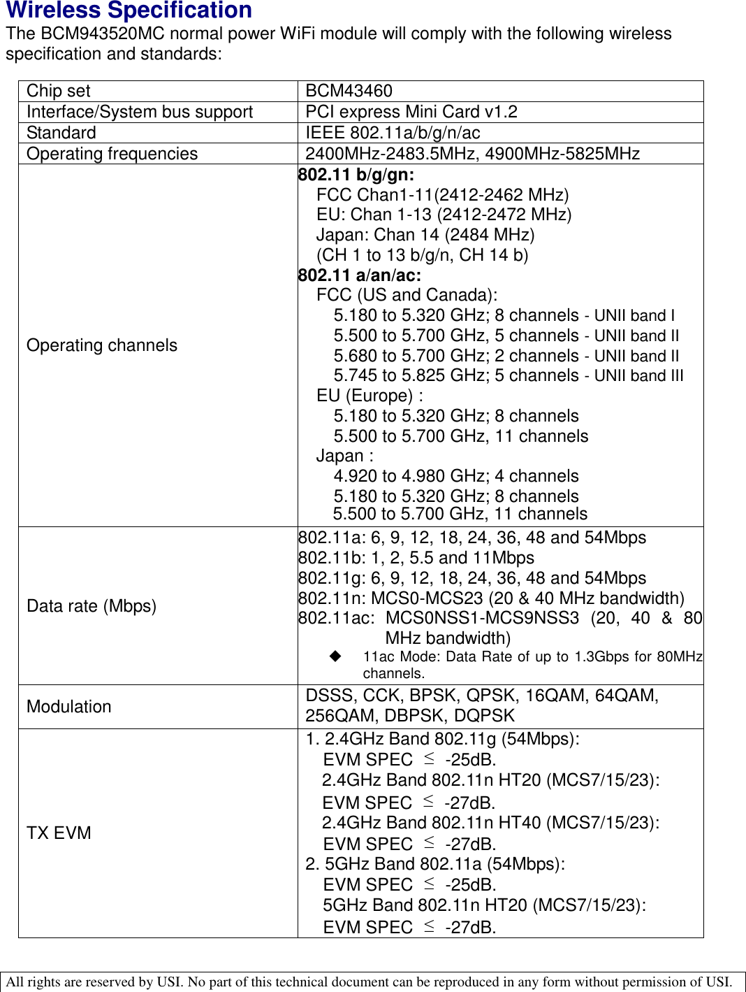  All rights are reserved by USI. No part of this technical document can be reproduced in any form without permission of USI.  Wireless Specification The BCM943520MC normal power WiFi module will comply with the following wireless specification and standards:  Chip set BCM43460 Interface/System bus support PCI express Mini Card v1.2 Standard IEEE 802.11a/b/g/n/ac Operating frequencies 2400MHz-2483.5MHz, 4900MHz-5825MHz Operating channels 802.11 b/g/gn:  FCC Chan1-11(2412-2462 MHz) EU: Chan 1-13 (2412-2472 MHz) Japan: Chan 14 (2484 MHz) (CH 1 to 13 b/g/n, CH 14 b) 802.11 a/an/ac: FCC (US and Canada):  5.180 to 5.320 GHz; 8 channels - UNII band I 5.500 to 5.700 GHz, 5 channels - UNII band II 5.680 to 5.700 GHz; 2 channels - UNII band II 5.745 to 5.825 GHz; 5 channels - UNII band III EU (Europe) : 5.180 to 5.320 GHz; 8 channels 5.500 to 5.700 GHz, 11 channels Japan : 4.920 to 4.980 GHz; 4 channels 5.180 to 5.320 GHz; 8 channels 5.500 to 5.700 GHz, 11 channels Data rate (Mbps) 802.11a: 6, 9, 12, 18, 24, 36, 48 and 54Mbps 802.11b: 1, 2, 5.5 and 11Mbps 802.11g: 6, 9, 12, 18, 24, 36, 48 and 54Mbps 802.11n: MCS0-MCS23 (20 &amp; 40 MHz bandwidth) 802.11ac:  MCS0NSS1-MCS9NSS3  (20,  40  &amp;  80 MHz bandwidth)   11ac Mode: Data Rate of up to 1.3Gbps for 80MHz channels. Modulation DSSS, CCK, BPSK, QPSK, 16QAM, 64QAM, 256QAM, DBPSK, DQPSK TX EVM 1. 2.4GHz Band 802.11g (54Mbps): EVM SPEC  ≤  -25dB. 2.4GHz Band 802.11n HT20 (MCS7/15/23):  EVM SPEC  ≤  -27dB. 2.4GHz Band 802.11n HT40 (MCS7/15/23): EVM SPEC  ≤  -27dB. 2. 5GHz Band 802.11a (54Mbps): EVM SPEC  ≤  -25dB. 5GHz Band 802.11n HT20 (MCS7/15/23):  EVM SPEC  ≤  -27dB. 