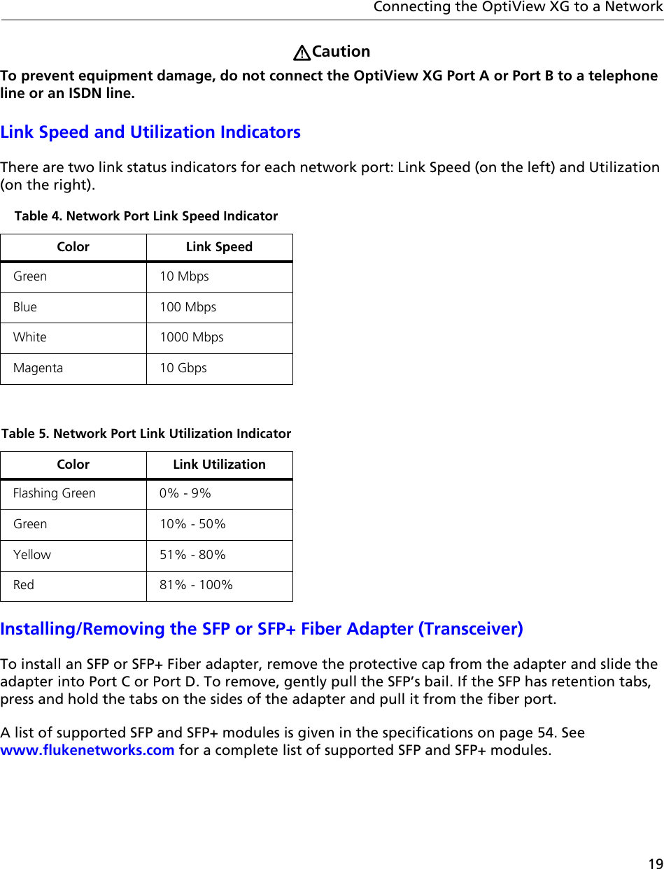 19Connecting the OptiView XG to a NetworkCautionTo prevent equipment damage, do not connect the OptiView XG Port A or Port B to a telephone line or an ISDN line. Link Speed and Utilization IndicatorsThere are two link status indicators for each network port: Link Speed (on the left) and Utilization (on the right).Installing/Removing the SFP or SFP+ Fiber Adapter (Transceiver)To install an SFP or SFP+ Fiber adapter, remove the protective cap from the adapter and slide the adapter into Port C or Port D. To remove, gently pull the SFP’s bail. If the SFP has retention tabs, press and hold the tabs on the sides of the adapter and pull it from the fiber port.A list of supported SFP and SFP+ modules is given in the specifications on page 54. See www.flukenetworks.com for a complete list of supported SFP and SFP+ modules.Table 4. Network Port Link Speed IndicatorColor Link SpeedGreen 10 MbpsBlue 100 MbpsWhite 1000 MbpsMagenta 10 GbpsTable 5. Network Port Link Utilization IndicatorColor Link UtilizationFlashing Green 0% - 9%Green 10% - 50%Yellow 51% - 80%Red 81% - 100%