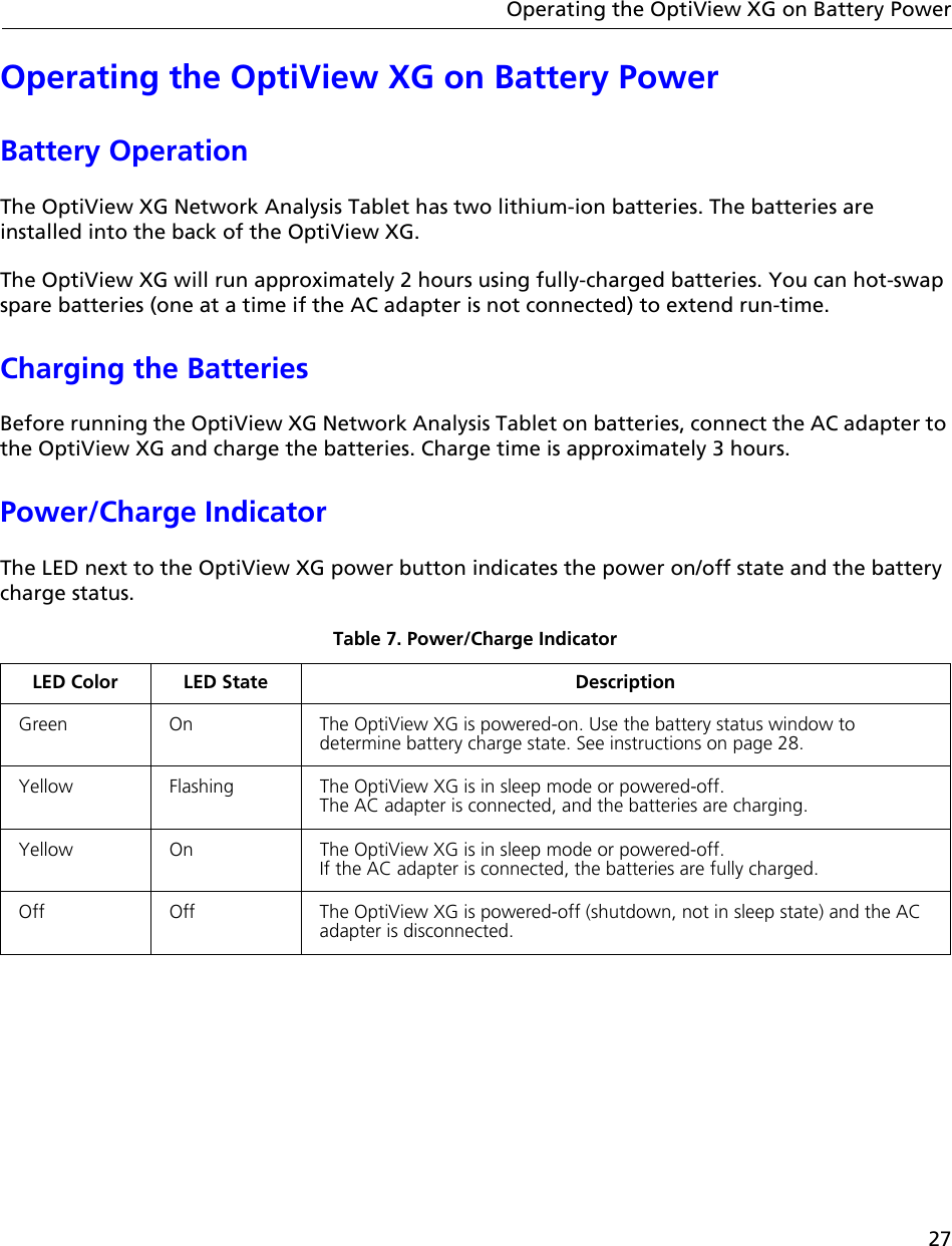 27Operating the OptiView XG on Battery PowerOperating the OptiView XG on Battery PowerBattery OperationThe OptiView XG Network Analysis Tablet has two lithium-ion batteries. The batteries are installed into the back of the OptiView XG. The OptiView XG will run approximately 2 hours using fully-charged batteries. You can hot-swap spare batteries (one at a time if the AC adapter is not connected) to extend run-time. Charging the BatteriesBefore running the OptiView XG Network Analysis Tablet on batteries, connect the AC adapter to the OptiView XG and charge the batteries. Charge time is approximately 3 hours. Power/Charge IndicatorThe LED next to the OptiView XG power button indicates the power on/off state and the battery charge status.Table 7. Power/Charge IndicatorLED Color LED State DescriptionGreen On The OptiView XG is powered-on. Use the battery status window to determine battery charge state. See instructions on page 28.Yellow Flashing The OptiView XG is in sleep mode or powered-off.  The AC adapter is connected, and the batteries are charging.Yellow On The OptiView XG is in sleep mode or powered-off.  If the AC adapter is connected, the batteries are fully charged.Off Off The OptiView XG is powered-off (shutdown, not in sleep state) and the AC adapter is disconnected.