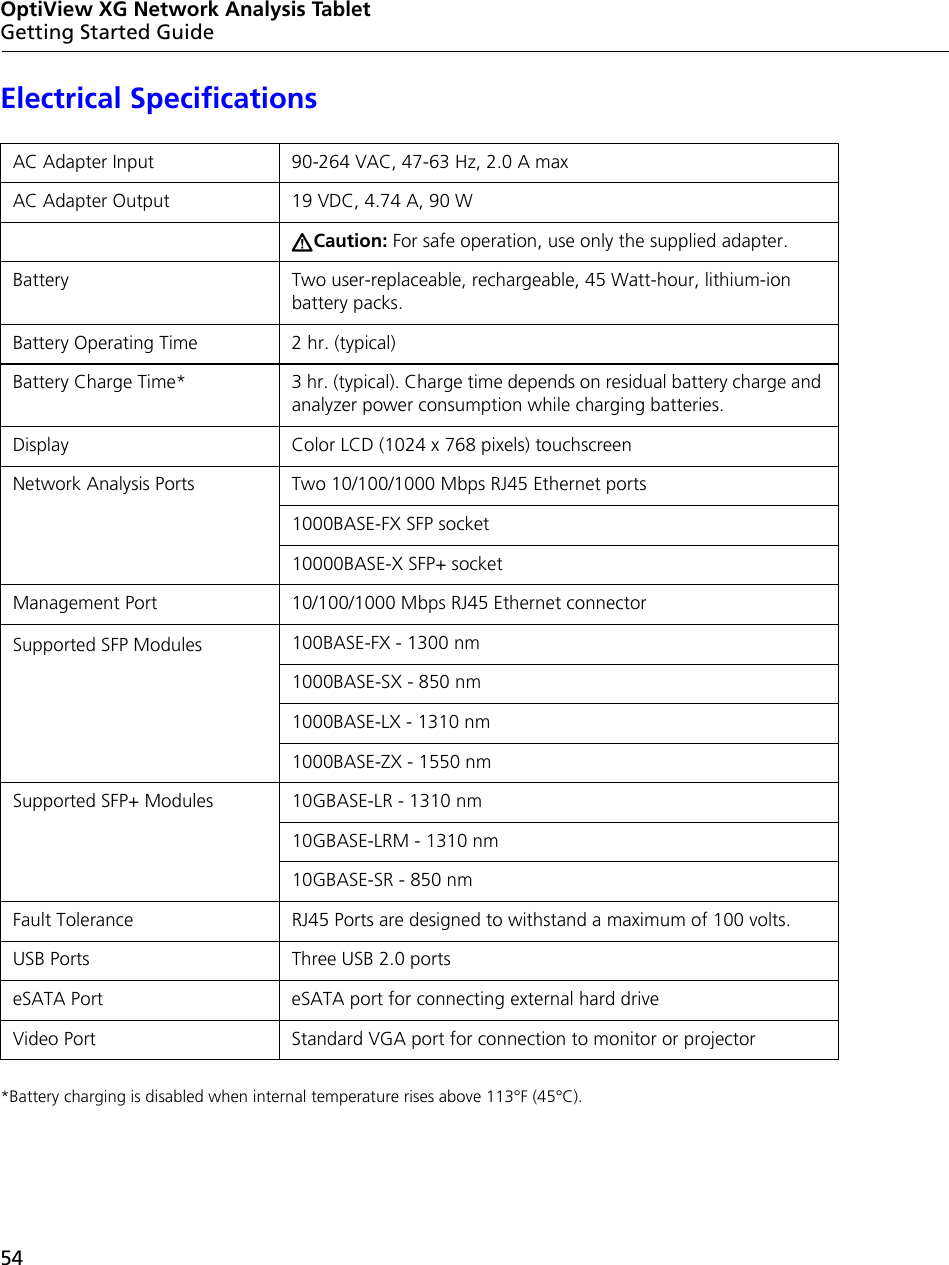 54OptiView XG Network Analysis TabletGetting Started GuideElectrical Specifications*Battery charging is disabled when internal temperature rises above 113°F (45°C).AC Adapter Input 90-264 VAC, 47-63 Hz, 2.0 A maxAC Adapter Output 19 VDC, 4.74 A, 90 WCaution: For safe operation, use only the supplied adapter.Battery Two user-replaceable, rechargeable, 45 Watt-hour, lithium-ion  battery packs.Battery Operating Time 2 hr. (typical)Battery Charge Time* 3 hr. (typical). Charge time depends on residual battery charge and analyzer power consumption while charging batteries.Display Color LCD (1024 x 768 pixels) touchscreenNetwork Analysis Ports Two 10/100/1000 Mbps RJ45 Ethernet ports1000BASE-FX SFP socket10000BASE-X SFP+ socketManagement Port 10/100/1000 Mbps RJ45 Ethernet connectorSupported SFP Modules 100BASE-FX - 1300 nm1000BASE-SX - 850 nm1000BASE-LX - 1310 nm1000BASE-ZX - 1550 nmSupported SFP+ Modules 10GBASE-LR - 1310 nm10GBASE-LRM - 1310 nm10GBASE-SR - 850 nmFault Tolerance RJ45 Ports are designed to withstand a maximum of 100 volts.USB Ports Three USB 2.0 portseSATA Port eSATA port for connecting external hard driveVideo Port Standard VGA port for connection to monitor or projector