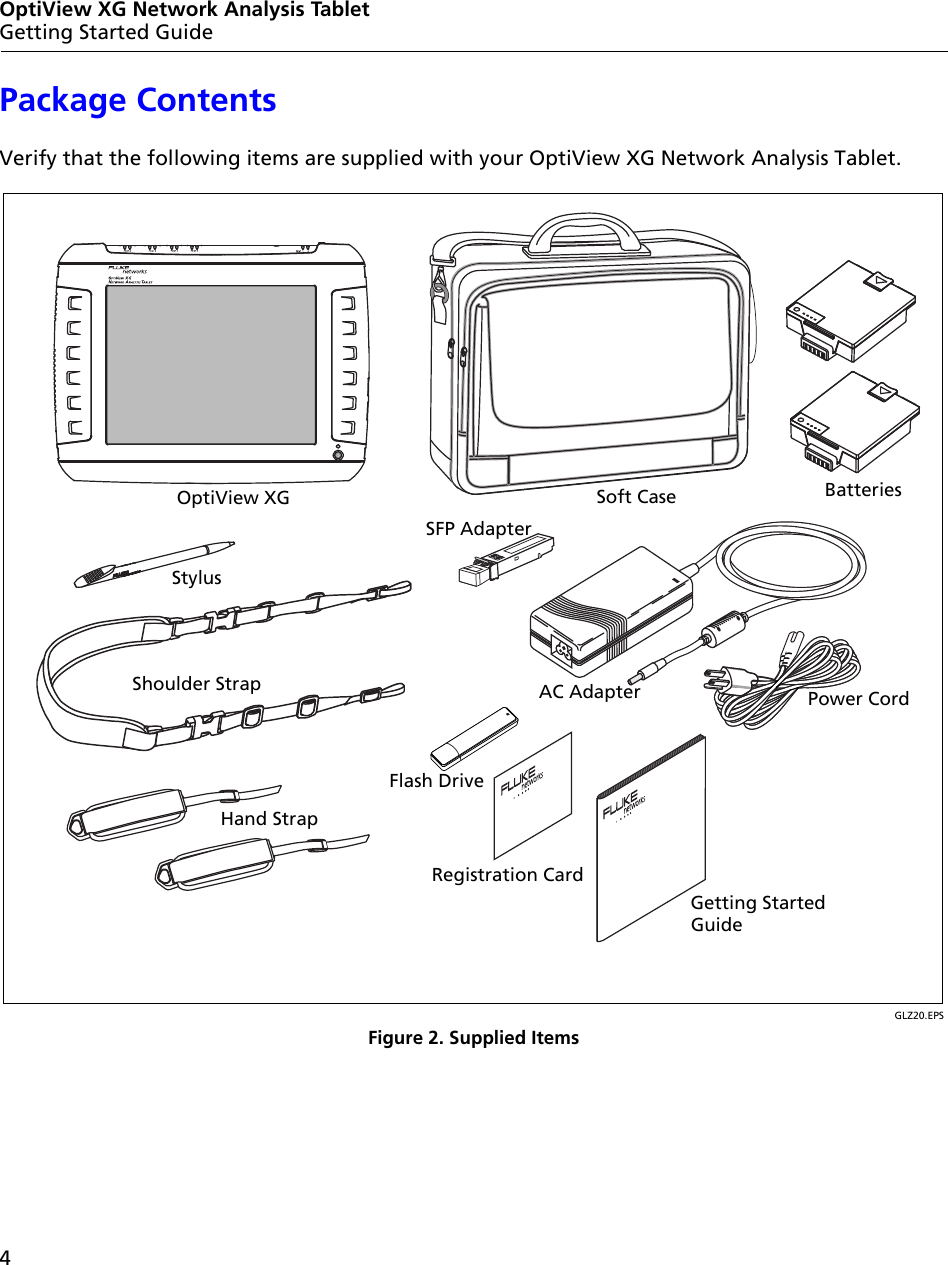 4OptiView XG Network Analysis TabletGetting Started GuidePackage ContentsVerify that the following items are supplied with your OptiView XG Network Analysis Tablet. GLZ20.EPSFigure 2. Supplied ItemsOptiView XG Soft CaseSFP AdapterAC Adapter Power CordShoulder StrapHand StrapBatteriesStylusGetting StartedFlash DriveRegistration CardGuide