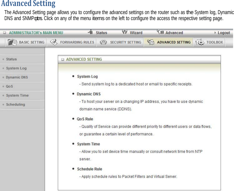  AdvancedSettingThe Advanced Setting page allows you to configure the advanced settings on the router such as the System log, Dynamic DNS and SNMP  options. Click on any of the menu items on the left to configure the access the respective setting page.      