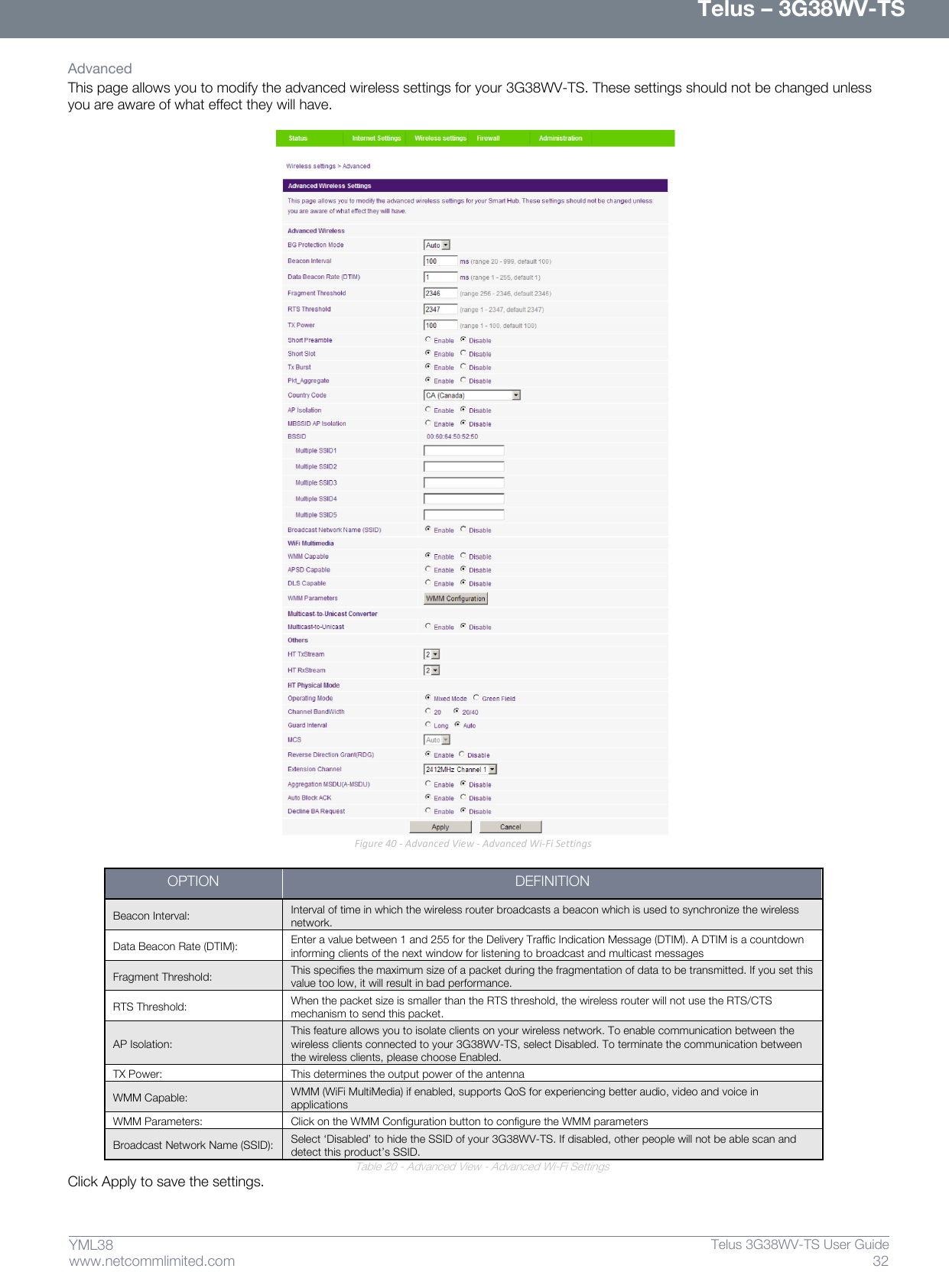      Telus – 3G38WV-TS 32  Telus 3G38WV-TS User Guide  www.netcommlimited.com YML38 Advanced  This page allows you to modify the advanced wireless settings for your 3G38WV-TS. These settings should not be changed unless you are aware of what effect they will have.   Figure 40 - Advanced View - Advanced Wi-Fi Settings  OPTION DEFINITION Beacon Interval:  Interval of time in which the wireless router broadcasts a beacon which is used to synchronize the wireless network.  Data Beacon Rate (DTIM):  Enter a value between 1 and 255 for the Delivery Traffic Indication Message (DTIM). A DTIM is a countdown informing clients of the next window for listening to broadcast and multicast messages  Fragment Threshold:  This specifies the maximum size of a packet during the fragmentation of data to be transmitted. If you set this value too low, it will result in bad performance.  RTS Threshold:  When the packet size is smaller than the RTS threshold, the wireless router will not use the RTS/CTS mechanism to send this packet.  AP Isolation:  This feature allows you to isolate clients on your wireless network. To enable communication between the wireless clients connected to your 3G38WV-TS, select Disabled. To terminate the communication between the wireless clients, please choose Enabled.  TX Power:  This determines the output power of the antenna  WMM Capable:  WMM (WiFi MultiMedia) if enabled, supports QoS for experiencing better audio, video and voice in applications  WMM Parameters:  Click on the WMM Configuration button to configure the WMM parameters  Broadcast Network Name (SSID):  Select ‘Disabled’ to hide the SSID of your 3G38WV-TS. If disabled, other people will not be able scan and detect this product’s SSID.  Table 20 - Advanced View - Advanced Wi-Fi Settings Click Apply to save the settings.    