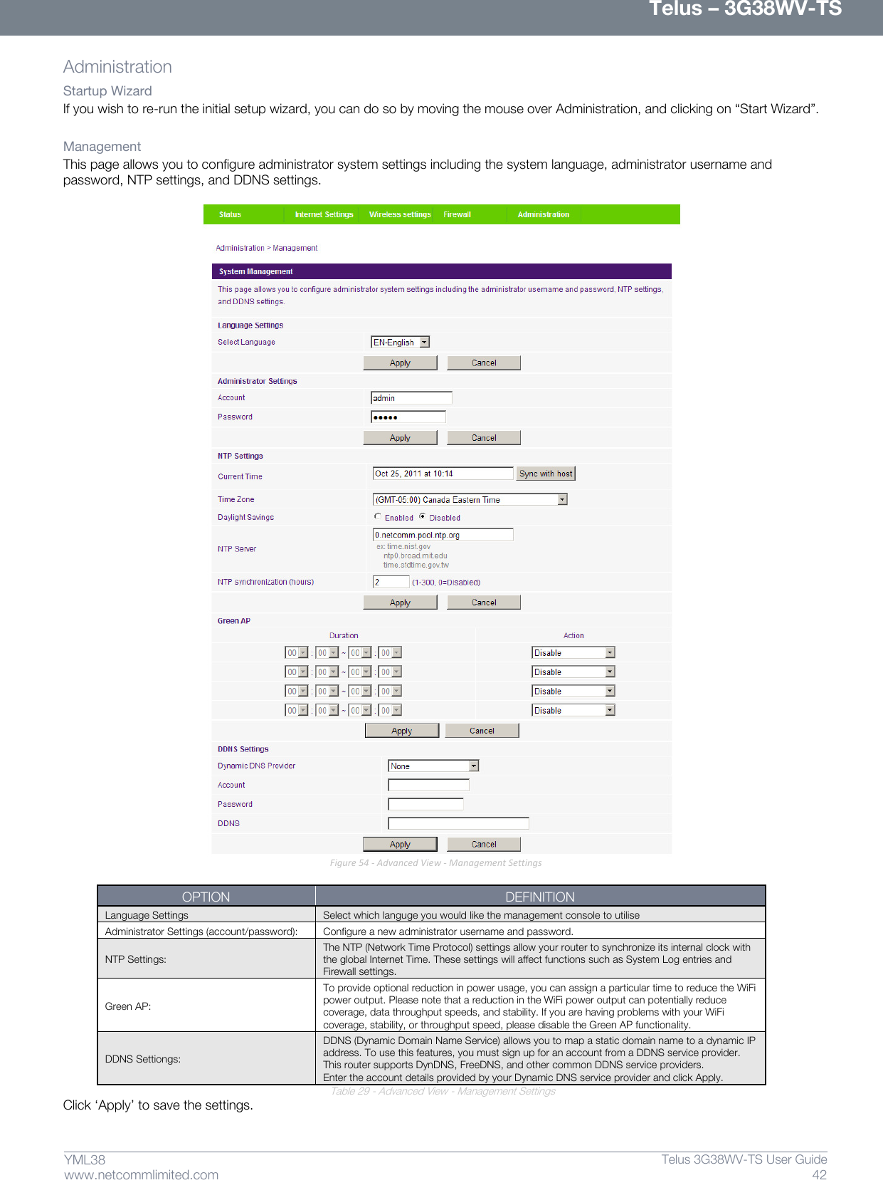      Telus – 3G38WV-TS 42  Telus 3G38WV-TS User Guide  www.netcommlimited.com YML38 Administration  Startup Wizard  If you wish to re-run the initial setup wizard, you can do so by moving the mouse over Administration, and clicking on ‚Start Wizard‛.   Management  This page allows you to configure administrator system settings including the system language, administrator username and password, NTP settings, and DDNS settings.    Figure 54 - Advanced View - Management Settings  OPTION DEFINITION Language Settings Select which languge you would like the management console to utilise Administrator Settings (account/password):  Configure a new administrator username and password.  NTP Settings:  The NTP (Network Time Protocol) settings allow your router to synchronize its internal clock with the global Internet Time. These settings will affect functions such as System Log entries and Firewall settings.  Green AP:  To provide optional reduction in power usage, you can assign a particular time to reduce the WiFi power output. Please note that a reduction in the WiFi power output can potentially reduce coverage, data throughput speeds, and stability. If you are having problems with your WiFi coverage, stability, or throughput speed, please disable the Green AP functionality.  DDNS Settiongs:  DDNS (Dynamic Domain Name Service) allows you to map a static domain name to a dynamic IP address. To use this features, you must sign up for an account from a DDNS service provider. This router supports DynDNS, FreeDNS, and other common DDNS service providers. Enter the account details provided by your Dynamic DNS service provider and click Apply. Table 29 - Advanced View - Management Settings Click ‘Apply’ to save the settings.   