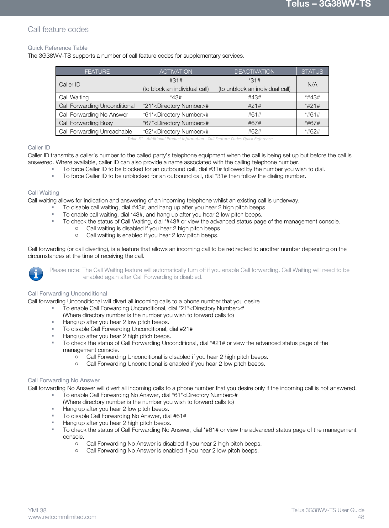      Telus – 3G38WV-TS 48  Telus 3G38WV-TS User Guide  www.netcommlimited.com YML38 Call feature codes   Quick Reference Table  The 3G38WV-TS supports a number of call feature codes for supplementary services.   FEATURE  ACTIVATION DEACTIVATION STATUS Caller ID  #31# (to block an individual call) *31# (to unblock an individual call) N/A Call Waiting  *43# #43# *#43# Call Forwarding Unconditional  *21*&lt;Directory Number&gt;# #21# *#21# Call Forwarding No Answer  *61*&lt;Directory Number&gt;# #61# *#61# Call Forwarding Busy  *67*&lt;Directory Number&gt;# #67# *#67# Call Forwarding Unreachable  *62*&lt;Directory Number&gt;# #62# *#62#                             Table 31 - Additional Product Information - Call Feature Codes Quick Reference Caller ID  Caller ID transmits a caller’s number to the called party’s telephone equipment when the call is being set up but before the call is answered. Where available, caller ID can also provide a name associated with the calling telephone number.   To force Caller ID to be blocked for an outbound call, dial #31# followed by the number you wish to dial.   To force Caller ID to be unblocked for an outbound call, dial *31# then follow the dialing number.   Call Waiting  Call waiting allows for indication and answering of an incoming telephone whilst an existing call is underway.   To disable call waiting, dial #43#, and hang up after you hear 2 high pitch beeps.   To enable call waiting, dial *43#, and hang up after you hear 2 low pitch beeps.   To check the status of Call Waiting, dial *#43# or view the advanced status page of the management console.  o Call waiting is disabled if you hear 2 high pitch beeps.  o Call waiting is enabled if you hear 2 low pitch beeps.   Call forwarding (or call diverting), is a feature that allows an incoming call to be redirected to another number depending on the circumstances at the time of receiving the call.   Please note: The Call Waiting feature will automatically turn off if you enable Call forwarding. Call Waiting will need to be enabled again after Call Forwarding is disabled.   Call Forwarding Unconditional  Call forwarding Unconditional will divert all incoming calls to a phone number that you desire.   To enable Call Forwarding Unconditional, dial *21*&lt;Directory Number&gt;#  (Where directory number is the number you wish to forward calls to)   Hang up after you hear 2 low pitch beeps.   To disable Call Forwarding Unconditional, dial #21#   Hang up after you hear 2 high pitch beeps.   To check the status of Call Forwarding Unconditional, dial *#21# or view the advanced status page of the management console.  o Call Forwarding Unconditional is disabled if you hear 2 high pitch beeps.  o Call Forwarding Unconditional is enabled if you hear 2 low pitch beeps.   Call Forwarding No Answer  Call forwarding No Answer will divert all incoming calls to a phone number that you desire only if the incoming call is not answered.   To enable Call Forwarding No Answer, dial *61*&lt;Directory Number&gt;#  (Where directory number is the number you wish to forward calls to)   Hang up after you hear 2 low pitch beeps.   To disable Call Forwarding No Answer, dial #61#   Hang up after you hear 2 high pitch beeps.   To check the status of Call Forwarding No Answer, dial *#61# or view the advanced status page of the management console.  o Call Forwarding No Answer is disabled if you hear 2 high pitch beeps.  o Call Forwarding No Answer is enabled if you hear 2 low pitch beeps.   