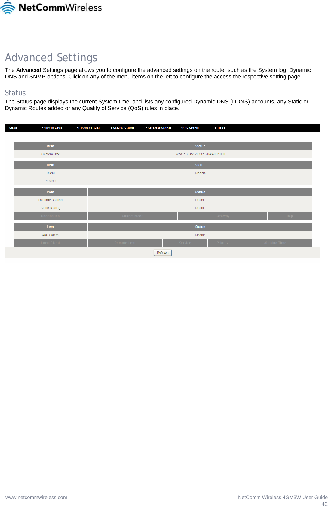  42NetComm Wireless 4GM3W User Guidewww.netcommwireless.com  Advanced Settings The Advanced Settings page allows you to configure the advanced settings on the router such as the System log, Dynamic DNS and SNMP options. Click on any of the menu items on the left to configure the access the respective setting page.  Status The Status page displays the current System time, and lists any configured Dynamic DNS (DDNS) accounts, any Static or Dynamic Routes added or any Quality of Service (QoS) rules in place.    