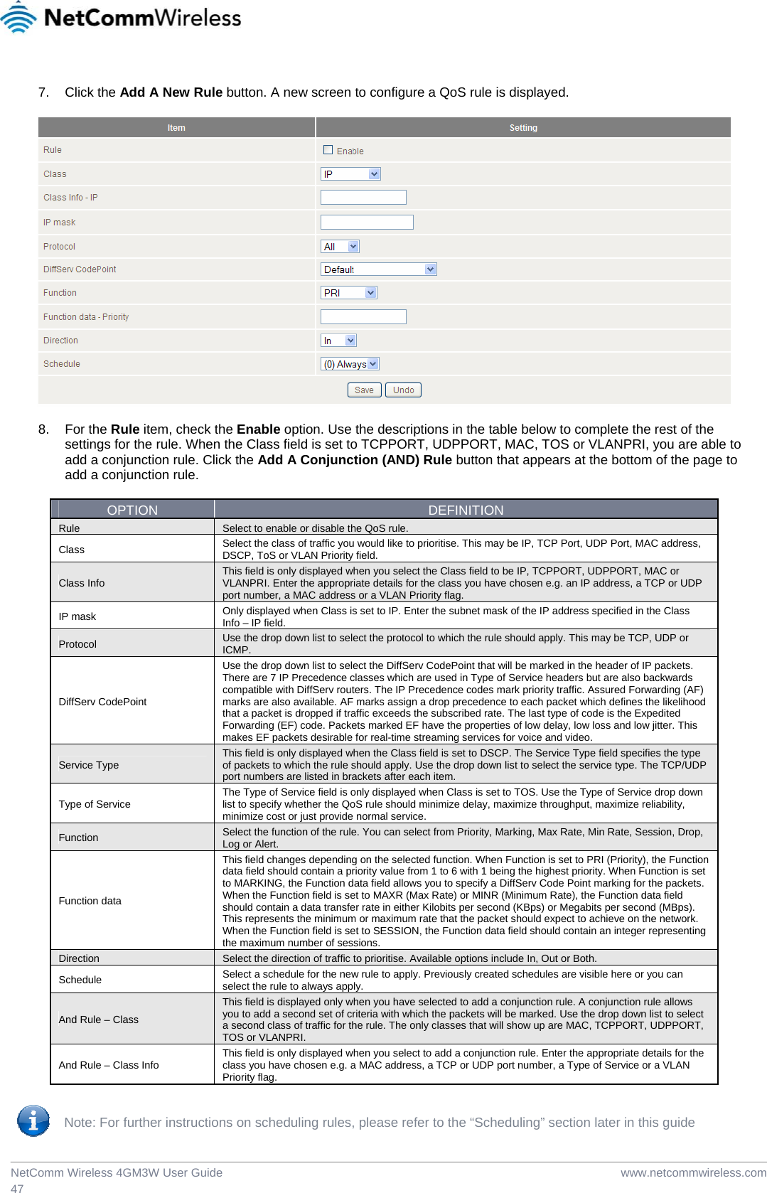  www.netcommwireless.comNetComm Wireless 4GM3W User Guide 47  7. Click the Add A New Rule button. A new screen to configure a QoS rule is displayed.    8. For the Rule item, check the Enable option. Use the descriptions in the table below to complete the rest of the settings for the rule. When the Class field is set to TCPPORT, UDPPORT, MAC, TOS or VLANPRI, you are able to add a conjunction rule. Click the Add A Conjunction (AND) Rule button that appears at the bottom of the page to add a conjunction rule.  OPTION  DEFINITION Rule  Select to enable or disable the QoS rule. Class  Select the class of traffic you would like to prioritise. This may be IP, TCP Port, UDP Port, MAC address, DSCP, ToS or VLAN Priority field. Class Info  This field is only displayed when you select the Class field to be IP, TCPPORT, UDPPORT, MAC or VLANPRI. Enter the appropriate details for the class you have chosen e.g. an IP address, a TCP or UDP port number, a MAC address or a VLAN Priority flag.  IP mask  Only displayed when Class is set to IP. Enter the subnet mask of the IP address specified in the Class Info – IP field. Protocol  Use the drop down list to select the protocol to which the rule should apply. This may be TCP, UDP or ICMP. DiffServ CodePoint Use the drop down list to select the DiffServ CodePoint that will be marked in the header of IP packets. There are 7 IP Precedence classes which are used in Type of Service headers but are also backwards compatible with DiffServ routers. The IP Precedence codes mark priority traffic. Assured Forwarding (AF) marks are also available. AF marks assign a drop precedence to each packet which defines the likelihood that a packet is dropped if traffic exceeds the subscribed rate. The last type of code is the Expedited Forwarding (EF) code. Packets marked EF have the properties of low delay, low loss and low jitter. This makes EF packets desirable for real-time streaming services for voice and video. Service Type  This field is only displayed when the Class field is set to DSCP. The Service Type field specifies the type of packets to which the rule should apply. Use the drop down list to select the service type. The TCP/UDP port numbers are listed in brackets after each item. Type of Service  The Type of Service field is only displayed when Class is set to TOS. Use the Type of Service drop down list to specify whether the QoS rule should minimize delay, maximize throughput, maximize reliability, minimize cost or just provide normal service. Function  Select the function of the rule. You can select from Priority, Marking, Max Rate, Min Rate, Session, Drop, Log or Alert. Function data This field changes depending on the selected function. When Function is set to PRI (Priority), the Function data field should contain a priority value from 1 to 6 with 1 being the highest priority. When Function is set to MARKING, the Function data field allows you to specify a DiffServ Code Point marking for the packets. When the Function field is set to MAXR (Max Rate) or MINR (Minimum Rate), the Function data field should contain a data transfer rate in either Kilobits per second (KBps) or Megabits per second (MBps). This represents the minimum or maximum rate that the packet should expect to achieve on the network. When the Function field is set to SESSION, the Function data field should contain an integer representing the maximum number of sessions. Direction  Select the direction of traffic to prioritise. Available options include In, Out or Both. Schedule  Select a schedule for the new rule to apply. Previously created schedules are visible here or you can select the rule to always apply. And Rule – Class This field is displayed only when you have selected to add a conjunction rule. A conjunction rule allows you to add a second set of criteria with which the packets will be marked. Use the drop down list to select a second class of traffic for the rule. The only classes that will show up are MAC, TCPPORT, UDPPORT, TOS or VLANPRI.  And Rule – Class Info  This field is only displayed when you select to add a conjunction rule. Enter the appropriate details for the class you have chosen e.g. a MAC address, a TCP or UDP port number, a Type of Service or a VLAN Priority flag.   Note: For further instructions on scheduling rules, please refer to the “Scheduling” section later in this guide