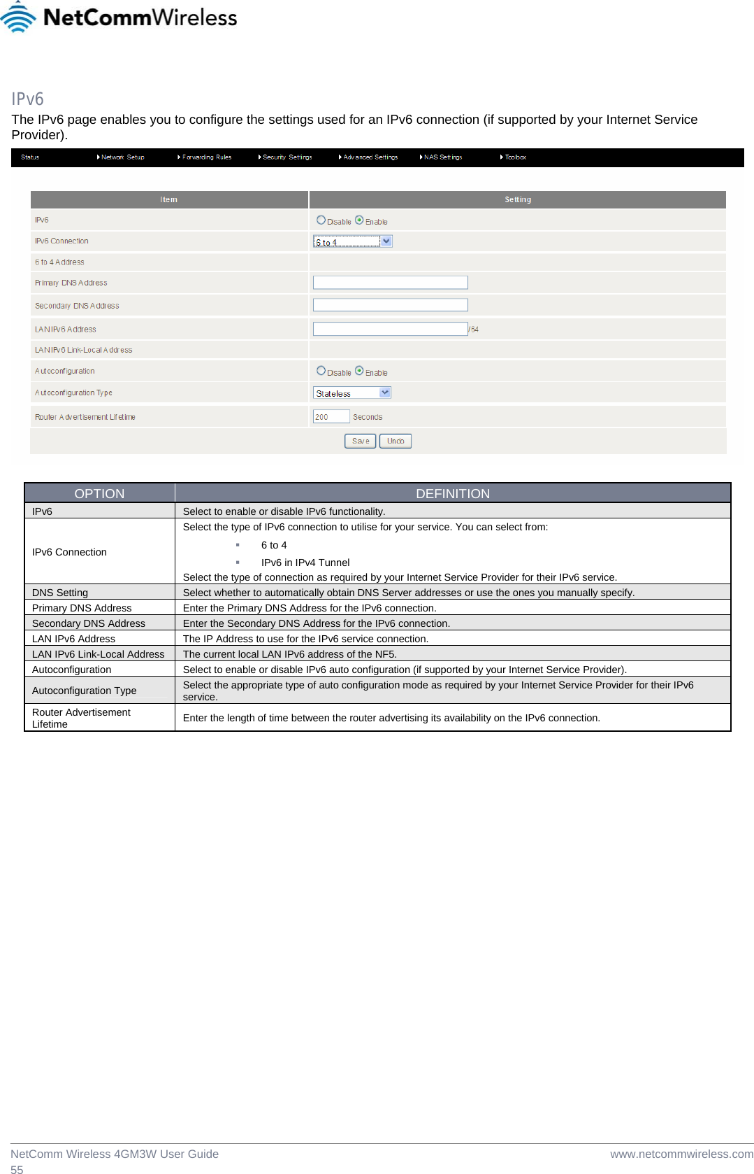  www.netcommwireless.comNetComm Wireless 4GM3W User Guide 55  IPv6 The IPv6 page enables you to configure the settings used for an IPv6 connection (if supported by your Internet Service Provider).   OPTION  DEFINITION IPv6  Select to enable or disable IPv6 functionality. IPv6 Connection Select the type of IPv6 connection to utilise for your service. You can select from:  6 to 4  IPv6 in IPv4 Tunnel Select the type of connection as required by your Internet Service Provider for their IPv6 service. DNS Setting  Select whether to automatically obtain DNS Server addresses or use the ones you manually specify. Primary DNS Address  Enter the Primary DNS Address for the IPv6 connection. Secondary DNS Address  Enter the Secondary DNS Address for the IPv6 connection. LAN IPv6 Address  The IP Address to use for the IPv6 service connection. LAN IPv6 Link-Local Address  The current local LAN IPv6 address of the NF5. Autoconfiguration  Select to enable or disable IPv6 auto configuration (if supported by your Internet Service Provider). Autoconfiguration Type  Select the appropriate type of auto configuration mode as required by your Internet Service Provider for their IPv6 service. Router Advertisement Lifetime  Enter the length of time between the router advertising its availability on the IPv6 connection.   