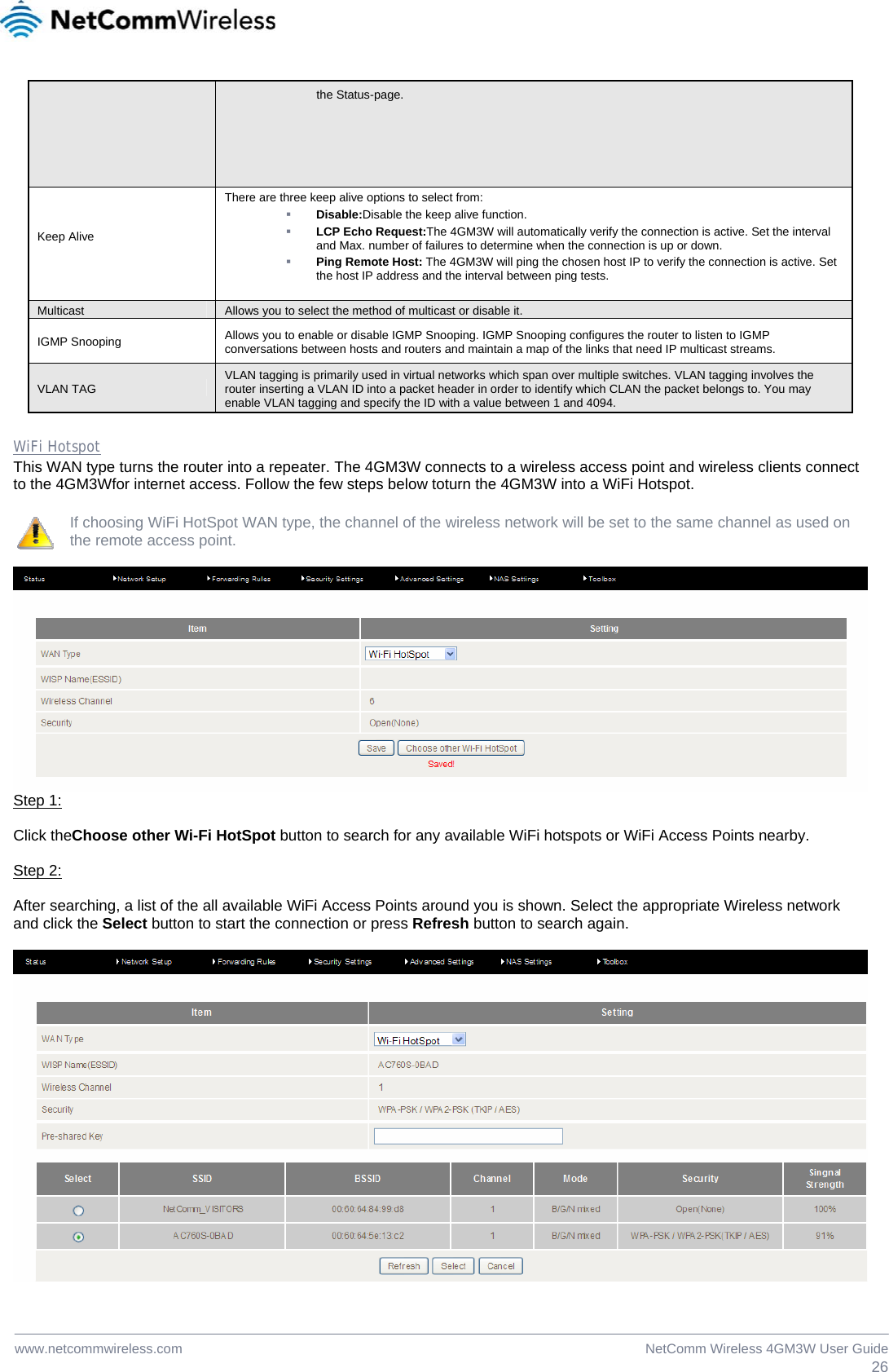  26NetComm Wireless 4GM3W User Guidewww.netcommwireless.com the Status-page. Keep Alive   There are three keep alive options to select from:   Disable:Disable the keep alive function.  LCP Echo Request:The 4GM3W will automatically verify the connection is active. Set the interval and Max. number of failures to determine when the connection is up or down.  Ping Remote Host: The 4GM3W will ping the chosen host IP to verify the connection is active. Set the host IP address and the interval between ping tests.  Multicast  Allows you to select the method of multicast or disable it. IGMP Snooping  Allows you to enable or disable IGMP Snooping. IGMP Snooping configures the router to listen to IGMP conversations between hosts and routers and maintain a map of the links that need IP multicast streams. VLAN TAG  VLAN tagging is primarily used in virtual networks which span over multiple switches. VLAN tagging involves the router inserting a VLAN ID into a packet header in order to identify which CLAN the packet belongs to. You may enable VLAN tagging and specify the ID with a value between 1 and 4094.  WiFi Hotspot This WAN type turns the router into a repeater. The 4GM3W connects to a wireless access point and wireless clients connect to the 4GM3Wfor internet access. Follow the few steps below toturn the 4GM3W into a WiFi Hotspot. If choosing WiFi HotSpot WAN type, the channel of the wireless network will be set to the same channel as used on the remote access point.   Step 1:   Click theChoose other Wi-Fi HotSpot button to search for any available WiFi hotspots or WiFi Access Points nearby.  Step 2:   After searching, a list of the all available WiFi Access Points around you is shown. Select the appropriate Wireless network and click the Select button to start the connection or press Refresh button to search again.    