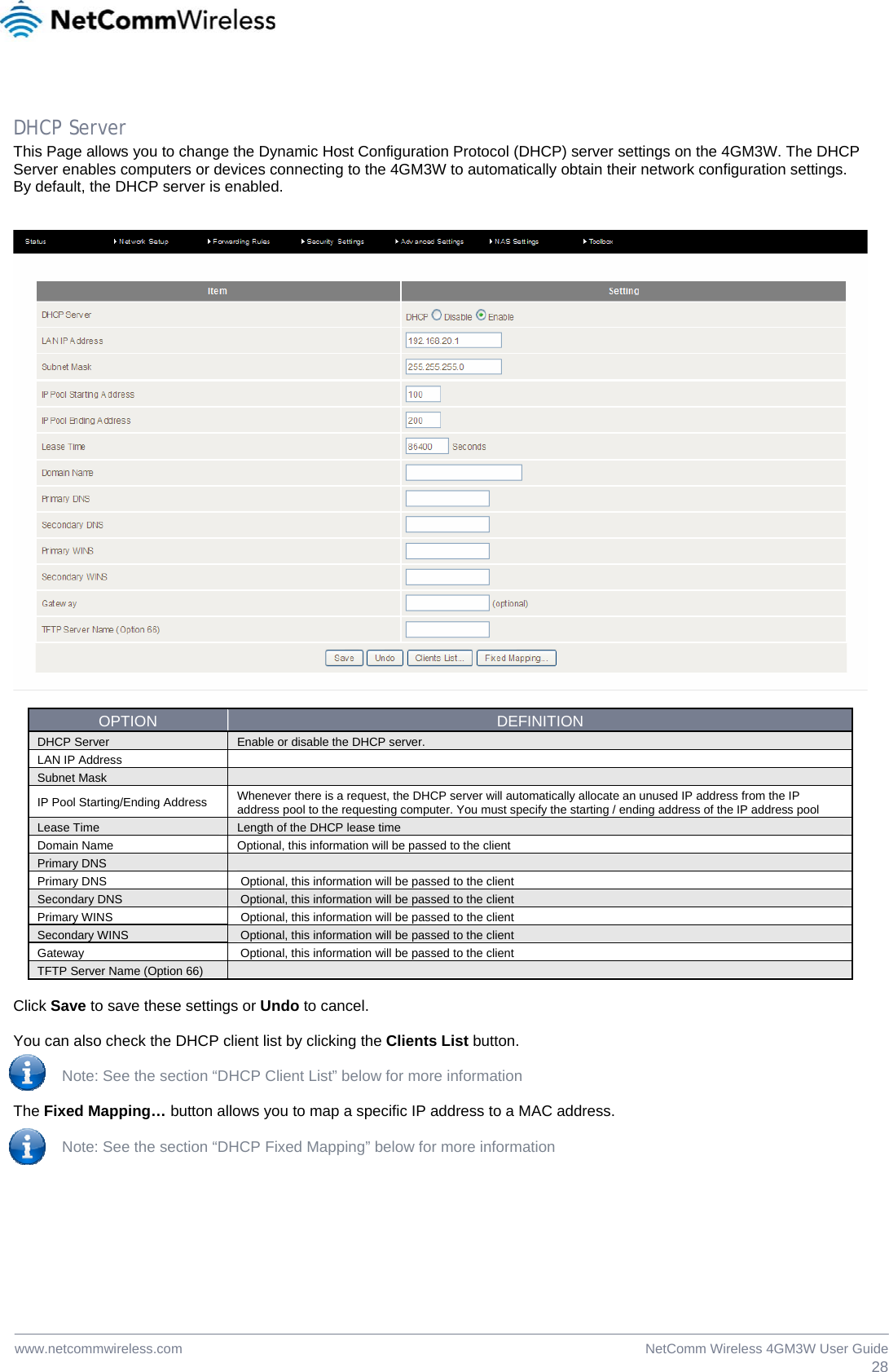  28NetComm Wireless 4GM3W User Guidewww.netcommwireless.com  DHCP Server This Page allows you to change the Dynamic Host Configuration Protocol (DHCP) server settings on the 4GM3W. The DHCP Server enables computers or devices connecting to the 4GM3W to automatically obtain their network configuration settings. By default, the DHCP server is enabled.     OPTION  DEFINITION DHCP Server  Enable or disable the DHCP server.  LAN IP Address   Subnet Mask   IP Pool Starting/Ending Address  Whenever there is a request, the DHCP server will automatically allocate an unused IP address from the IP address pool to the requesting computer. You must specify the starting / ending address of the IP address pool Lease Time  Length of the DHCP lease time Domain Name  Optional, this information will be passed to the client Primary DNS   Primary DNS   Optional, this information will be passed to the client Secondary DNS   Optional, this information will be passed to the client Primary WINS   Optional, this information will be passed to the client Secondary WINS   Optional, this information will be passed to the client Gateway   Optional, this information will be passed to the client TFTP Server Name (Option 66)    Click Save to save these settings or Undo to cancel.  You can also check the DHCP client list by clicking the Clients List button.  Note: See the section “DHCP Client List” below for more information  The Fixed Mapping… button allows you to map a specific IP address to a MAC address.  Note: See the section “DHCP Fixed Mapping” below for more information  