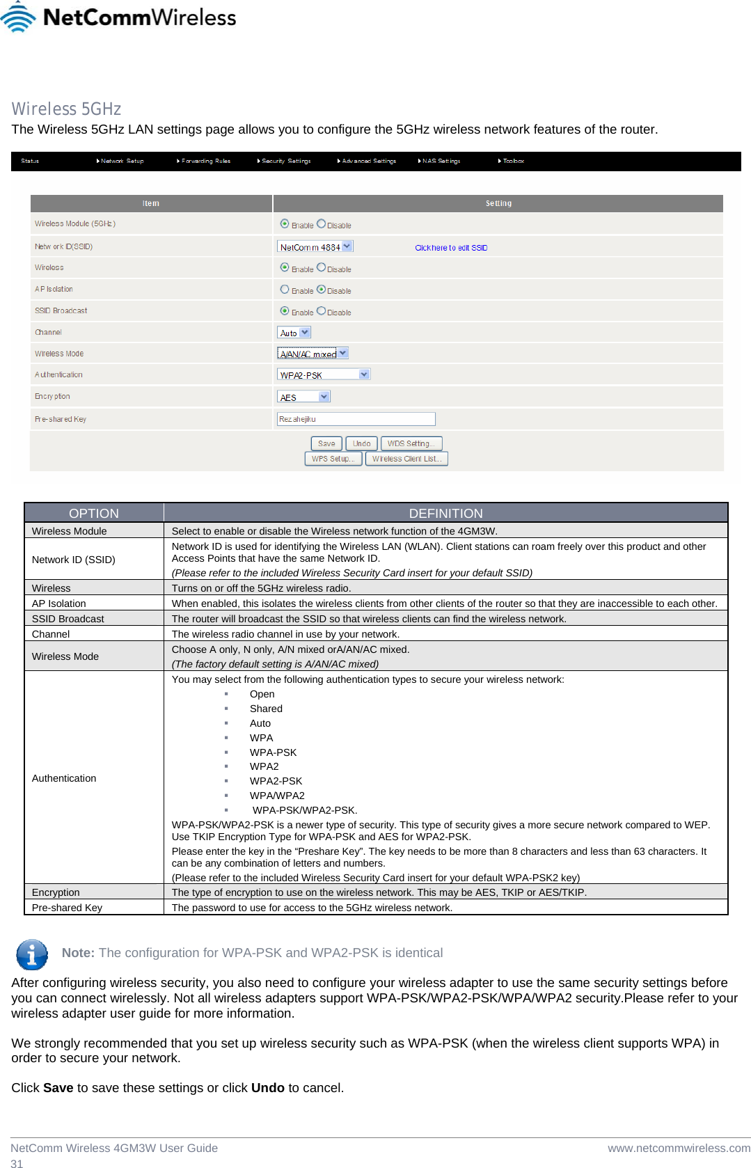  www.netcommwireless.comNetComm Wireless 4GM3W User Guide 31  Wireless 5GHz The Wireless 5GHz LAN settings page allows you to configure the 5GHz wireless network features of the router.   OPTION  DEFINITION Wireless Module  Select to enable or disable the Wireless network function of the 4GM3W. Network ID (SSID) Network ID is used for identifying the Wireless LAN (WLAN). Client stations can roam freely over this product and other Access Points that have the same Network ID. (Please refer to the included Wireless Security Card insert for your default SSID) Wireless  Turns on or off the 5GHz wireless radio. AP Isolation  When enabled, this isolates the wireless clients from other clients of the router so that they are inaccessible to each other.SSID Broadcast  The router will broadcast the SSID so that wireless clients can find the wireless network. Channel  The wireless radio channel in use by your network. Wireless Mode  Choose A only, N only, A/N mixed orA/AN/AC mixed. (The factory default setting is A/AN/AC mixed) Authentication You may select from the following authentication types to secure your wireless network:  Open  Shared  Auto  WPA  WPA-PSK  WPA2  WPA2-PSK  WPA/WPA2   WPA-PSK/WPA2-PSK. WPA-PSK/WPA2-PSK is a newer type of security. This type of security gives a more secure network compared to WEP. Use TKIP Encryption Type for WPA-PSK and AES for WPA2-PSK.  Please enter the key in the “Preshare Key”. The key needs to be more than 8 characters and less than 63 characters. It can be any combination of letters and numbers.  (Please refer to the included Wireless Security Card insert for your default WPA-PSK2 key) Encryption  The type of encryption to use on the wireless network. This may be AES, TKIP or AES/TKIP. Pre-shared Key  The password to use for access to the 5GHz wireless network.   Note: The configuration for WPA-PSK and WPA2-PSK is identical  After configuring wireless security, you also need to configure your wireless adapter to use the same security settings before you can connect wirelessly. Not all wireless adapters support WPA-PSK/WPA2-PSK/WPA/WPA2 security.Please refer to your wireless adapter user guide for more information.  We strongly recommended that you set up wireless security such as WPA-PSK (when the wireless client supports WPA) in order to secure your network.  Click Save to save these settings or click Undo to cancel. 