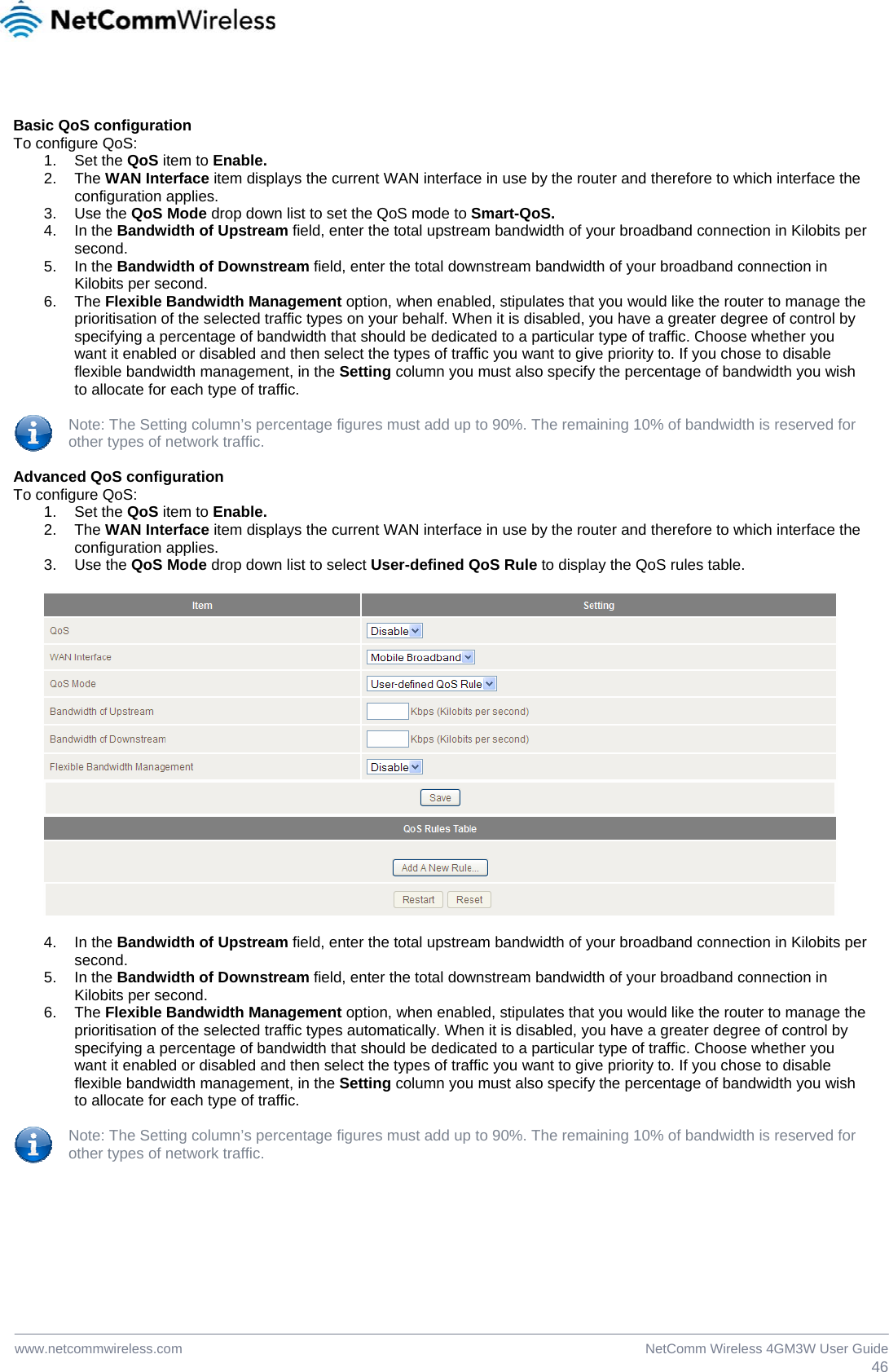  46NetComm Wireless 4GM3W User Guidewww.netcommwireless.com  Basic QoS configuration To configure QoS: 1. Set the QoS item to Enable. 2. The WAN Interface item displays the current WAN interface in use by the router and therefore to which interface the configuration applies. 3. Use the QoS Mode drop down list to set the QoS mode to Smart-QoS. 4. In the Bandwidth of Upstream field, enter the total upstream bandwidth of your broadband connection in Kilobits per second. 5. In the Bandwidth of Downstream field, enter the total downstream bandwidth of your broadband connection in Kilobits per second. 6. The Flexible Bandwidth Management option, when enabled, stipulates that you would like the router to manage the prioritisation of the selected traffic types on your behalf. When it is disabled, you have a greater degree of control by specifying a percentage of bandwidth that should be dedicated to a particular type of traffic. Choose whether you want it enabled or disabled and then select the types of traffic you want to give priority to. If you chose to disable flexible bandwidth management, in the Setting column you must also specify the percentage of bandwidth you wish to allocate for each type of traffic.  Note: The Setting column’s percentage figures must add up to 90%. The remaining 10% of bandwidth is reserved for other types of network traffic.  Advanced QoS configuration To configure QoS: 1. Set the QoS item to Enable. 2. The WAN Interface item displays the current WAN interface in use by the router and therefore to which interface the configuration applies. 3. Use the QoS Mode drop down list to select User-defined QoS Rule to display the QoS rules table.    4. In the Bandwidth of Upstream field, enter the total upstream bandwidth of your broadband connection in Kilobits per second. 5. In the Bandwidth of Downstream field, enter the total downstream bandwidth of your broadband connection in Kilobits per second. 6. The Flexible Bandwidth Management option, when enabled, stipulates that you would like the router to manage the prioritisation of the selected traffic types automatically. When it is disabled, you have a greater degree of control by specifying a percentage of bandwidth that should be dedicated to a particular type of traffic. Choose whether you want it enabled or disabled and then select the types of traffic you want to give priority to. If you chose to disable flexible bandwidth management, in the Setting column you must also specify the percentage of bandwidth you wish to allocate for each type of traffic.  Note: The Setting column’s percentage figures must add up to 90%. The remaining 10% of bandwidth is reserved for other types of network traffic.