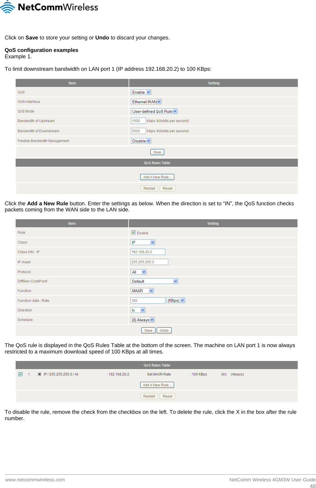  48NetComm Wireless 4GM3W User Guidewww.netcommwireless.com  Click on Save to store your setting or Undo to discard your changes.  QoS configuration examples Example 1.  To limit downstream bandwidth on LAN port 1 (IP address 192.168.20.2) to 100 KBps:    Click the Add a New Rule button. Enter the settings as below. When the direction is set to “IN”, the QoS function checks packets coming from the WAN side to the LAN side.    The QoS rule is displayed in the QoS Rules Table at the bottom of the screen. The machine on LAN port 1 is now always restricted to a maximum download speed of 100 KBps at all times.    To disable the rule, remove the check from the checkbox on the left. To delete the rule, click the X in the box after the rule number.  