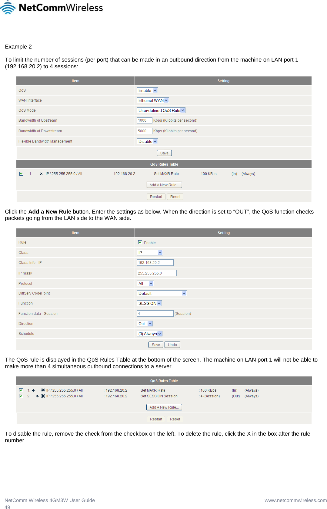  www.netcommwireless.comNetComm Wireless 4GM3W User Guide 49  Example 2  To limit the number of sessions (per port) that can be made in an outbound direction from the machine on LAN port 1 (192.168.20.2) to 4 sessions:    Click the Add a New Rule button. Enter the settings as below. When the direction is set to “OUT”, the QoS function checks packets going from the LAN side to the WAN side.    The QoS rule is displayed in the QoS Rules Table at the bottom of the screen. The machine on LAN port 1 will not be able to make more than 4 simultaneous outbound connections to a server.    To disable the rule, remove the check from the checkbox on the left. To delete the rule, click the X in the box after the rule number.  