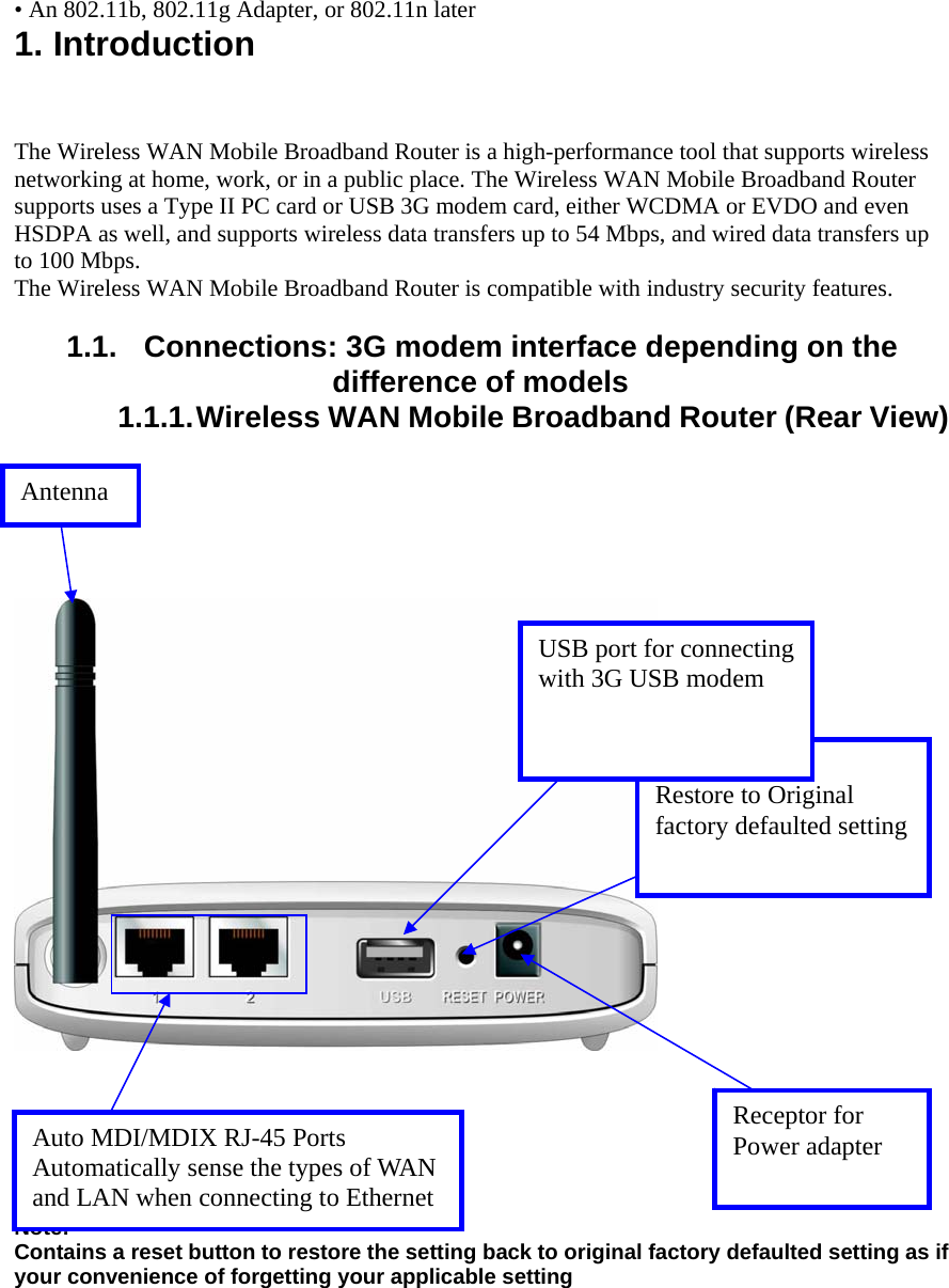 • An 802.11b, 802.11g Adapter, or 802.11n later 1. Introduction   The Wireless WAN Mobile Broadband Router is a high-performance tool that supports wireless networking at home, work, or in a public place. The Wireless WAN Mobile Broadband Router supports uses a Type II PC card or USB 3G modem card, either WCDMA or EVDO and even HSDPA as well, and supports wireless data transfers up to 54 Mbps, and wired data transfers up to 100 Mbps. The Wireless WAN Mobile Broadband Router is compatible with industry security features.  1.1.  Connections: 3G modem interface depending on the                         difference of models 1.1.1. Wireless WAN Mobile Broadband Router (Rear View)              Note: Contains a reset button to restore the setting back to original factory defaulted setting as if your convenience of forgetting your applicable setting     Antenna Auto MDI/MDIX RJ-45 Ports Automatically sense the types of WAN and LAN when connecting to Ethernet Receptor for Power adapter Reset Button Restore to Original factory defaulted setting USB port for connecting with 3G USB modem 