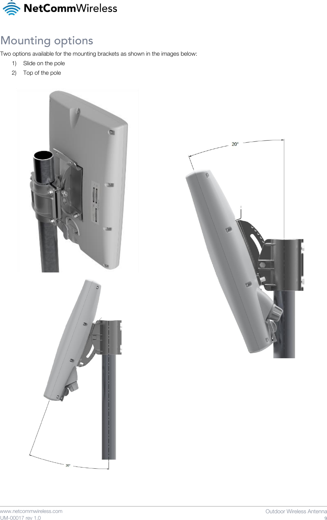    www.netcommwireless.com  Outdoor Wireless Antenna  9 UM-00017 rev 1.0 Mounting options Two options available for the mounting brackets as shown in the images below: 1) Slide on the pole 2) Top of the pole                