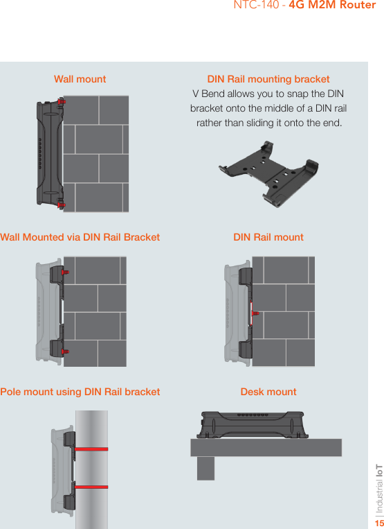 | Industrial IoT15NTC-140 - 4G M2M RouterWall mount DIN Rail mounting bracketV Bend allows you to snap the DIN bracket onto the middle of a DIN rail rather than sliding it onto the end.Wall Mounted via DIN Rail Bracket DIN Rail mountPole mount using DIN Rail bracket Desk mount