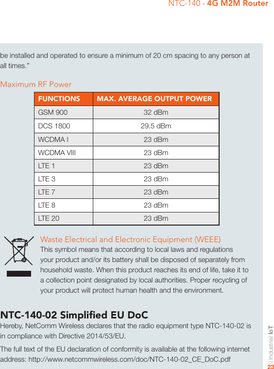 | Industrial IoT23NTC-140 - 4G M2M RouterNTC-140-02 Simplied EU DoCHereby, NetComm Wireless declares that the radio equipment type NTC-140-02 is in compliance with Directive 2014/53/EU.The full text of the EU declaration of conformity is available at the following internet address: http://www.netcommwireless.com/doc/NTC-140-02_CE_DoC.pdfWaste Electrical and Electronic Equipment (WEEE)This symbol means that according to local laws and regulations your product and/or its battery shall be disposed of separately from household waste. When this product reaches its end of life, take it to a collection point designated by local authorities. Proper recycling of your product will protect human health and the environment.FUNCTIONS MAX. AVERAGE OUTPUT POWERGSM 900 32 dBmDCS 1800 29.5 dBmWCDMA I 23 dBmWCDMA VIII 23 dBmLTE 1 23 dBmLTE 3 23 dBmLTE 7 23 dBmLTE 8 23 dBmLTE 20 23 dBmbe installed and operated to ensure a minimum of 20 cm spacing to any person at all times.”Maximum RF Power