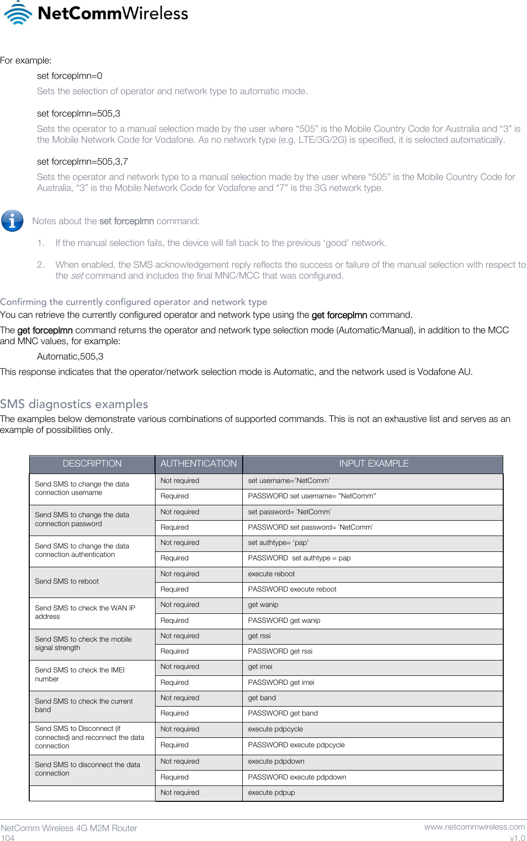   104  NetComm Wireless 4G M2M Router   www.netcommwireless.com v1.0 For example: set forceplmn=0 Sets the selection of operator and network type to automatic mode.  set forceplmn=505,3 Sets the operator to a manual selection made by the user where “505” is the Mobile Country Code for Australia and “3” is the Mobile Network Code for Vodafone. As no network type (e.g. LTE/3G/2G) is specified, it is selected automatically.   set forceplmn=505,3,7 Sets the operator and network type to a manual selection made by the user where “505” is the Mobile Country Code for Australia, “3” is the Mobile Network Code for Vodafone and “7” is the 3G network type.   Notes about the set forceplmn command:  1. If the manual selection fails, the device will fall back to the previous ‘good’ network.  2. When enabled, the SMS acknowledgement reply reflects the success or failure of the manual selection with respect to the set command and includes the final MNC/MCC that was configured.  Confirming the currently configured operator and network type You can retrieve the currently configured operator and network type using the get forceplmn command. The get forceplmn command returns the operator and network type selection mode (Automatic/Manual), in addition to the MCC and MNC values, for example: Automatic,505,3 This response indicates that the operator/network selection mode is Automatic, and the network used is Vodafone AU.  SMS diagnostics examples The examples below demonstrate various combinations of supported commands. This is not an exhaustive list and serves as an example of possibilities only.  DESCRIPTION AUTHENTICATION  INPUT EXAMPLE Send SMS to change the data connection username Not required set username=’NetComm’ Required PASSWORD set username= ”NetComm” Send SMS to change the data connection password Not required set password= `NetComm` Required PASSWORD set password= `NetComm` Send SMS to change the data connection authentication Not required set authtype= ‘pap’ Required PASSWORD  set authtype = pap Send SMS to reboot Not required execute reboot Required PASSWORD execute reboot Send SMS to check the WAN IP address Not required get wanip Required PASSWORD get wanip Send SMS to check the mobile signal strength Not required get rssi Required PASSWORD get rssi Send SMS to check the IMEI number Not required get imei Required PASSWORD get imei Send SMS to check the current band Not required get band Required PASSWORD get band Send SMS to Disconnect (if connected) and reconnect the data connection Not required execute pdpcycle Required PASSWORD execute pdpcycle Send SMS to disconnect the data connection Not required execute pdpdown Required PASSWORD execute pdpdown Not required execute pdpup 
