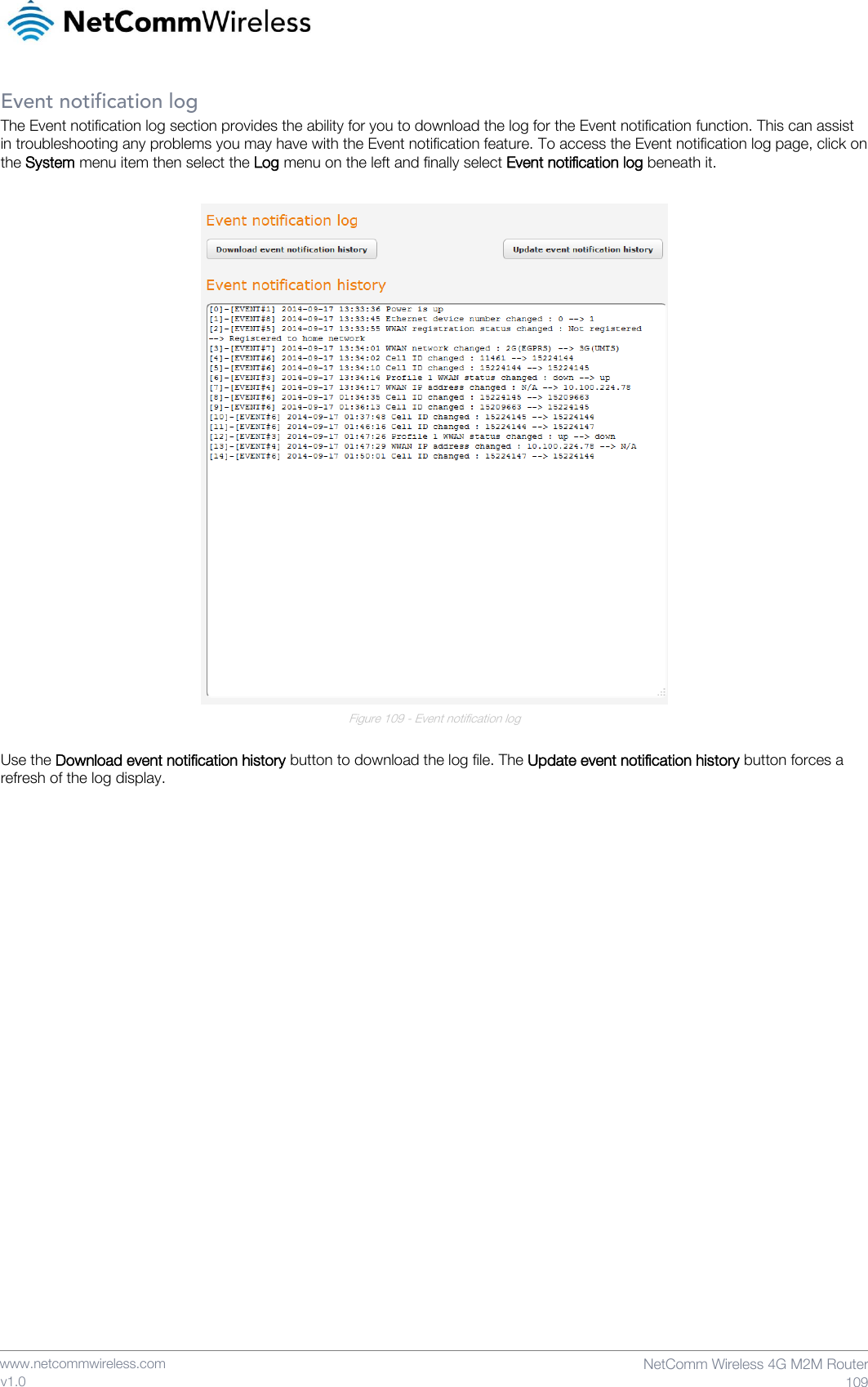    www.netcommwireless.com  NetComm Wireless 4G M2M Router  109 v1.0 Event notification log The Event notification log section provides the ability for you to download the log for the Event notification function. This can assist in troubleshooting any problems you may have with the Event notification feature. To access the Event notification log page, click on the System menu item then select the Log menu on the left and finally select Event notification log beneath it.   Figure 109 - Event notification log  Use the Download event notification history button to download the log file. The Update event notification history button forces a refresh of the log display.    