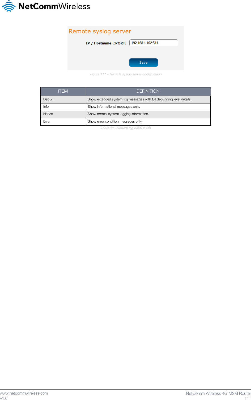    www.netcommwireless.com  NetComm Wireless 4G M2M Router  111 v1.0  Figure 111 – Remote syslog server configuration  ITEM DEFINITION Debug Show extended system log messages with full debugging level details. Info Show informational messages only. Notice Show normal system logging information. Error Show error condition messages only. Table 38 - System log detail levels    