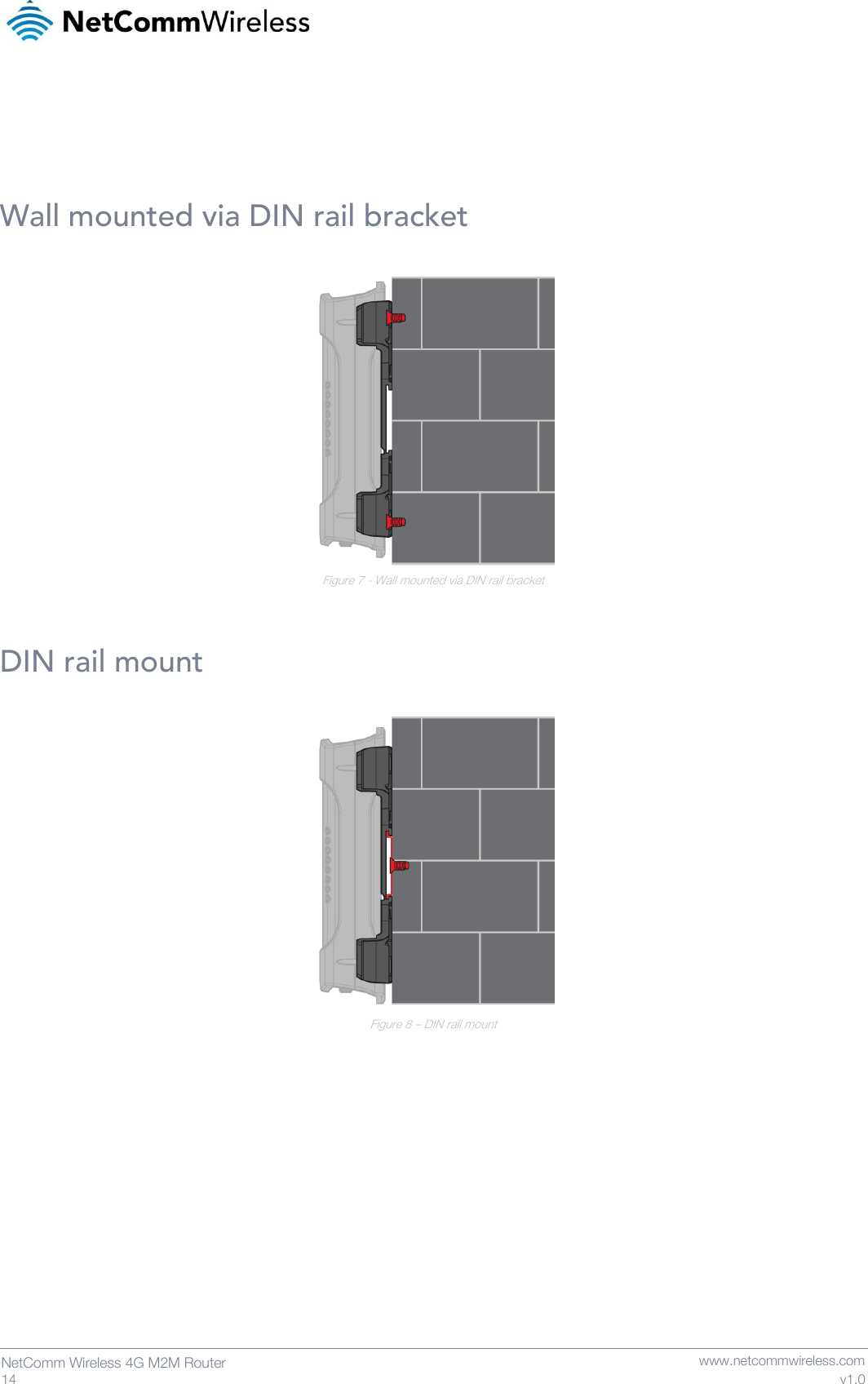   14  NetComm Wireless 4G M2M Router   www.netcommwireless.com v1.0    Wall mounted via DIN rail bracket   Figure 7 - Wall mounted via DIN rail bracket  DIN rail mount   Figure 8 – DIN rail mount    